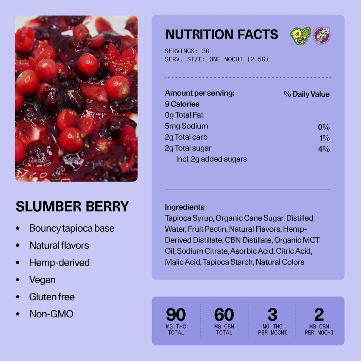 Nutrition facts and ingredients panel for Sundae School Mochi Slumber Berry hemp-derived THC gummies — 30 servings, 3 mg THC per mochi, 2mg CBN per mochi, 90 mg THC total, 60mg CBN total; vegan, gluten-free, non-GMO