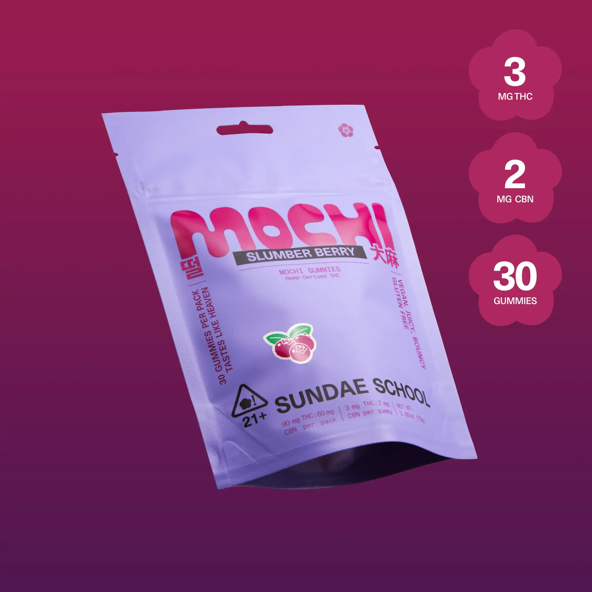 Sundae School Mochi Slumber Berry hemp-derived THC gummies in a stand-up pouch, 3 mg THC per gummy, 30-count pack