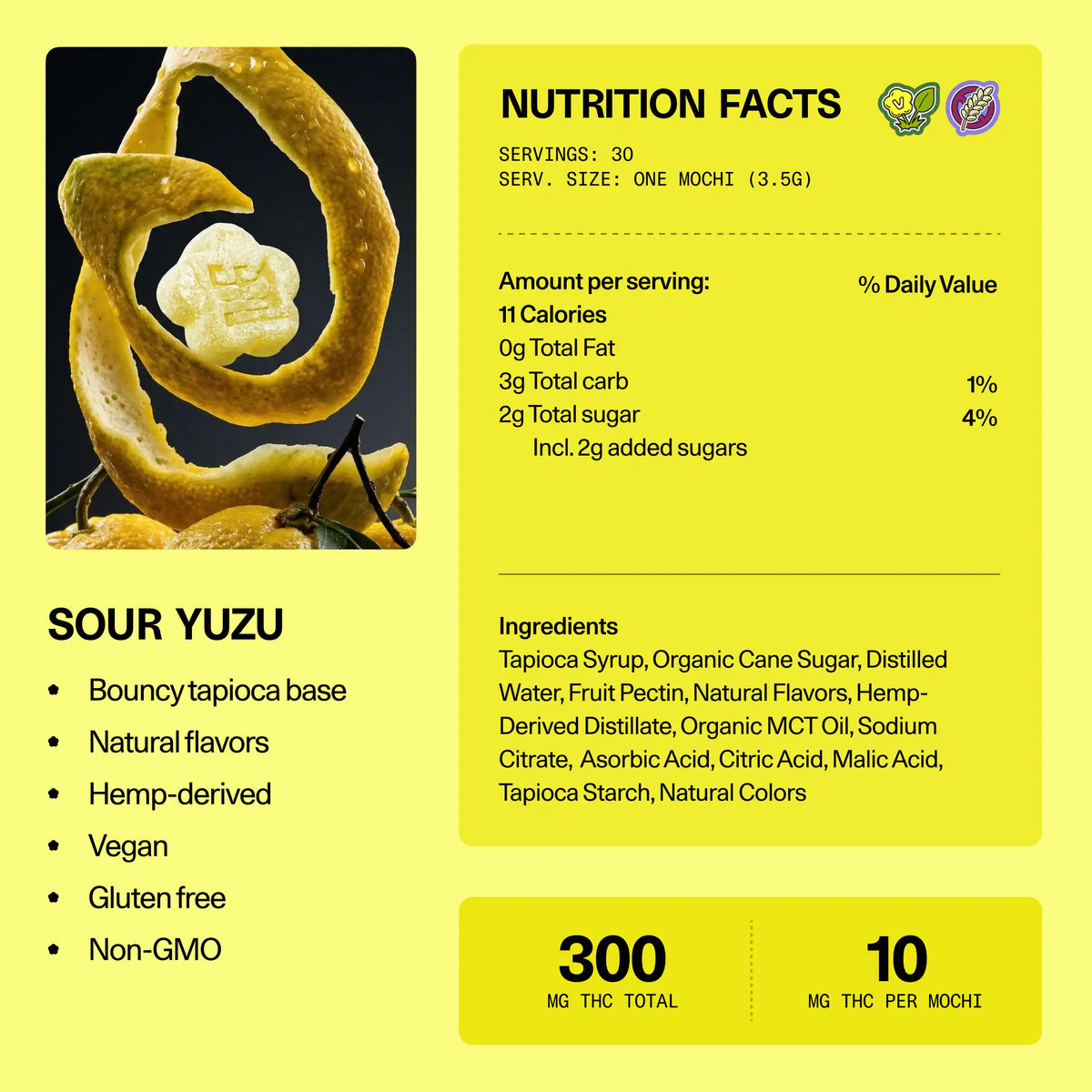 Sundae School Mochi Sour Yuzu hemp-derived THC gummies in a stand-up pouch, 10 mg THC per gummy, 30-count pack