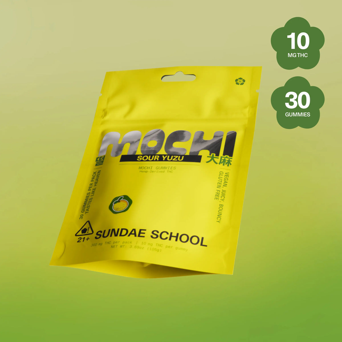 Sundae School Mochi Sour Yuzu hemp-derived THC gummies in a stand-up pouch, 10 mg THC per gummy, 30-count pack
