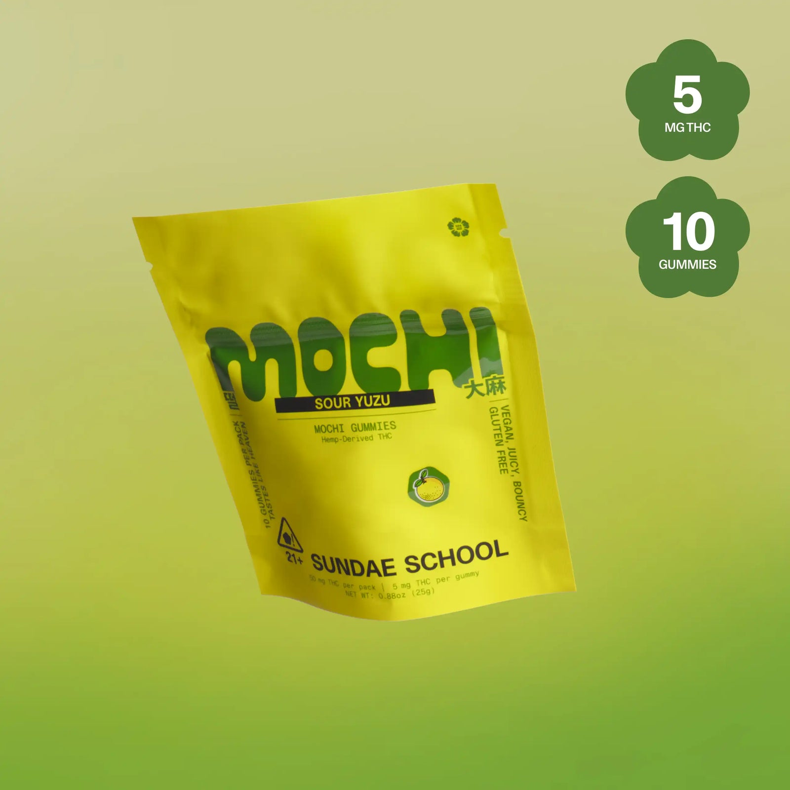 Sundae School Mochi Sour Yuzu hemp-derived THC gummies in a stand-up pouch, 5 mg THC per gummy, 10-count pack