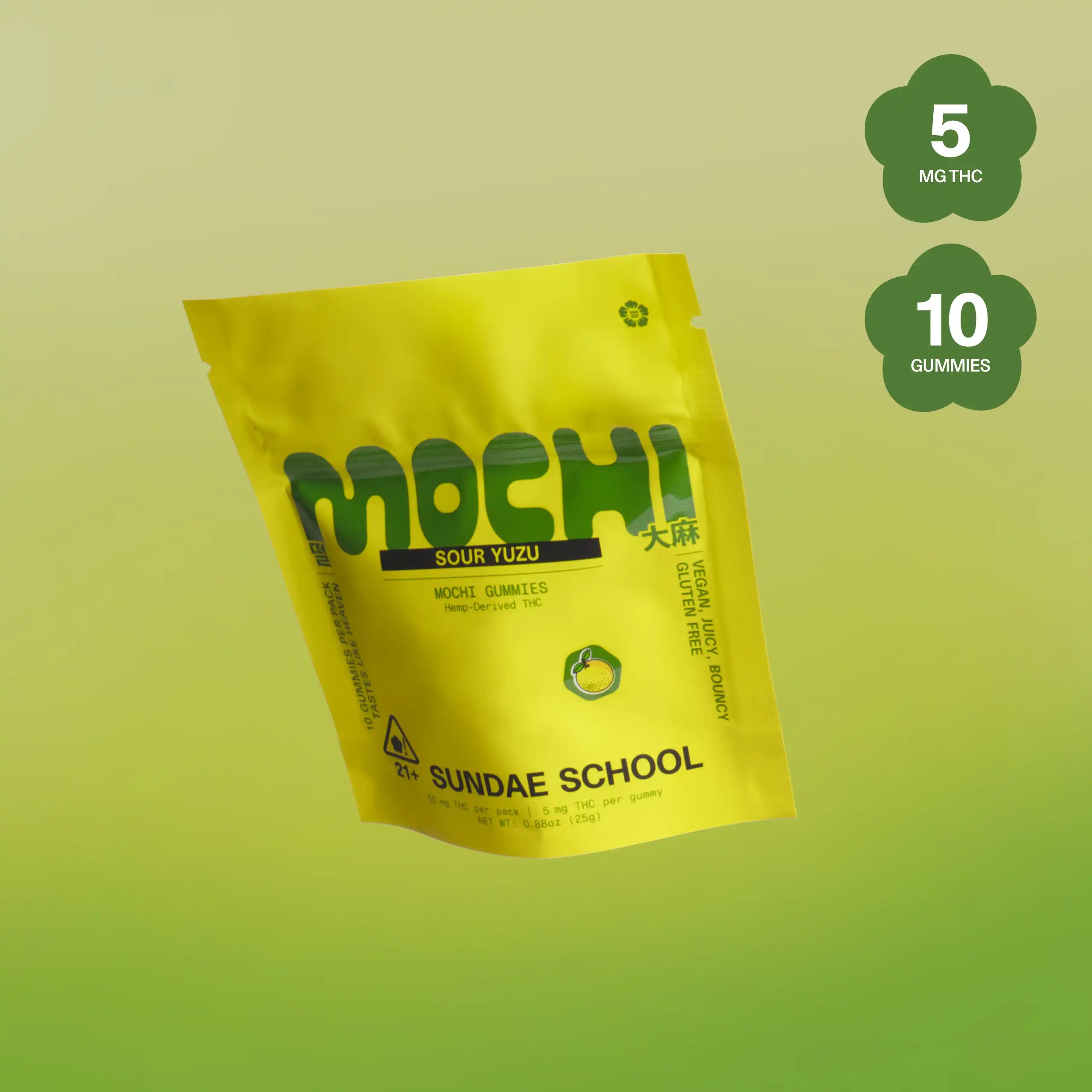 Sundae School Mochi Sour Yuzu hemp-derived THC gummies in a stand-up pouch, 5 mg THC per gummy, 10-count pack