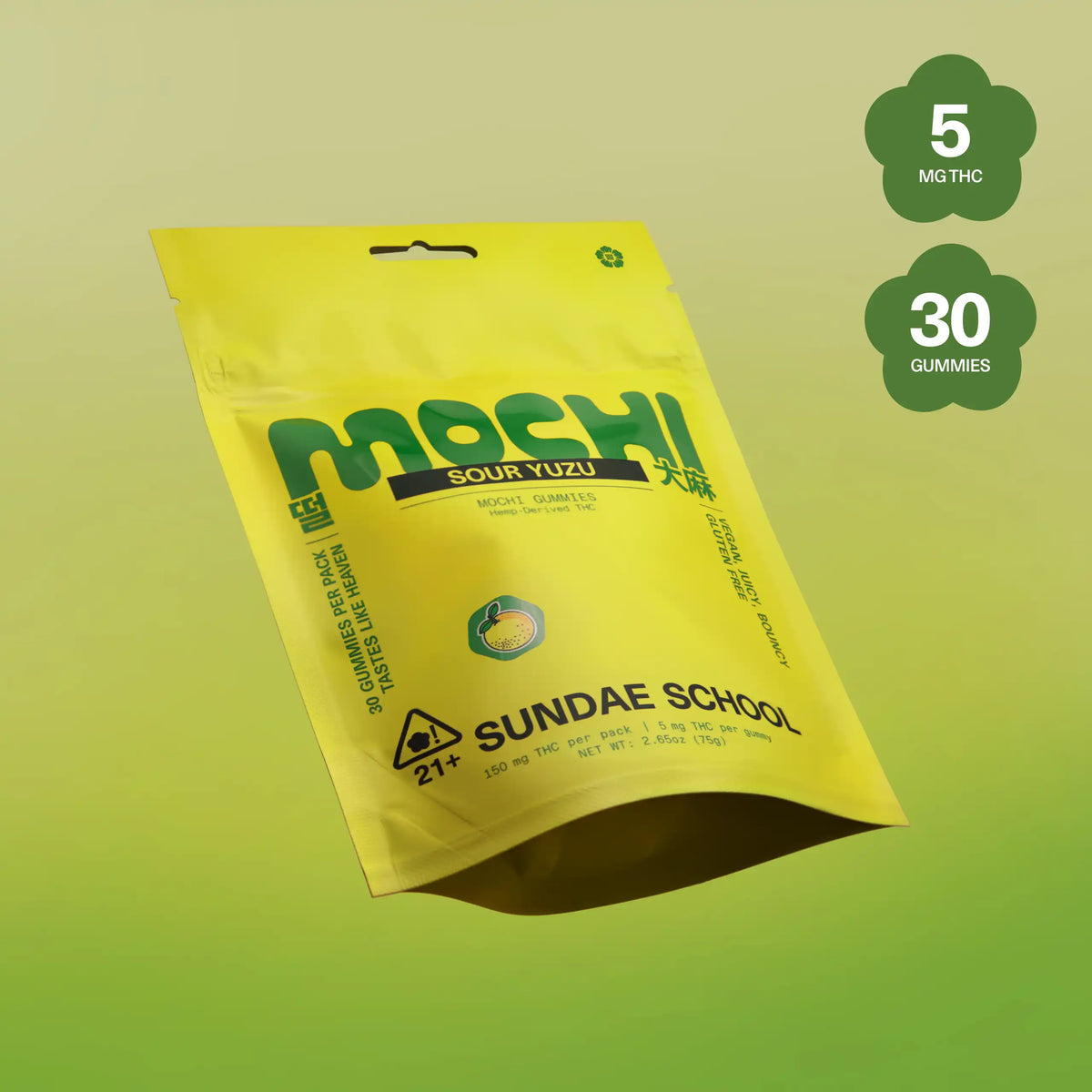 Sundae School Mochi Sour Yuzu hemp-derived THC gummies in a stand-up pouch, 5 mg THC per gummy, 30-count pack