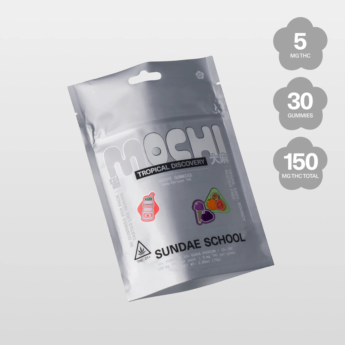 Sundae School Tropical Discovery Pack — assorted hemp-derived THC gummies in a stand-up pouch, 5 mg THC per gummy, 30-count variety pack