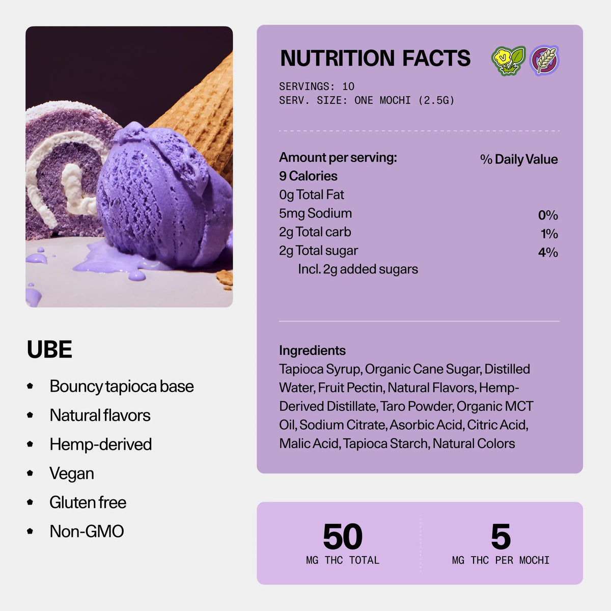 Nutrition facts and ingredients panel for Sundae School Mochi Ube hemp-derived THC gummies — 10 servings, 5 mg THC per mochi, 50 mg THC total; vegan, gluten-free, non-GMO