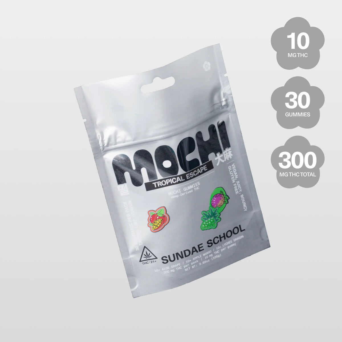 Sundae School Tropical Escape Pack — assorted hemp-derived THC gummies in a stand-up pouch, 10 mg THC per gummy, 30-count variety pack