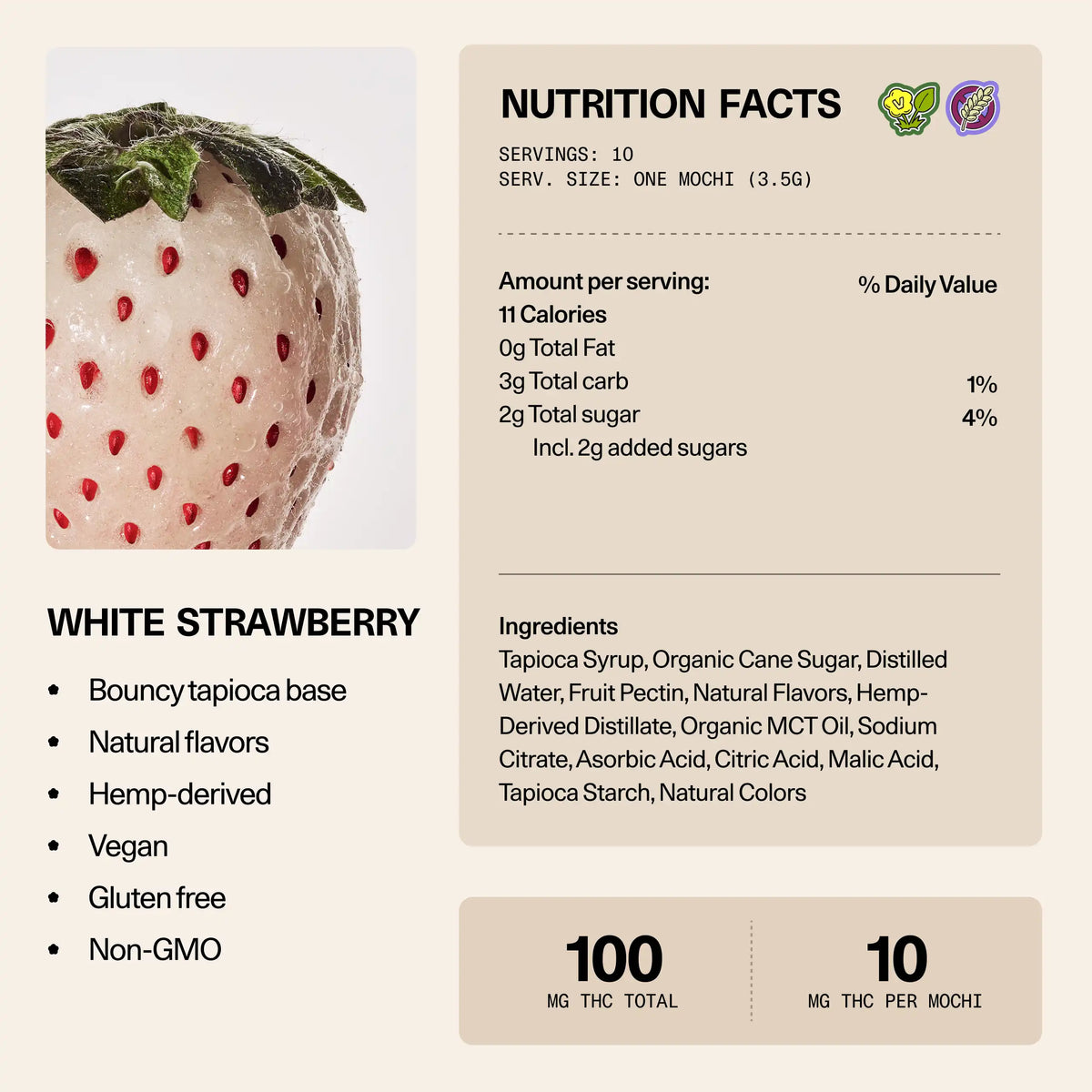 Nutrition facts and ingredients panel for Sundae School Mochi White Strawberry hemp-derived THC gummies — 10 servings, 10 mg THC per mochi, 100 mg THC total; vegan, gluten-free, non-GMO