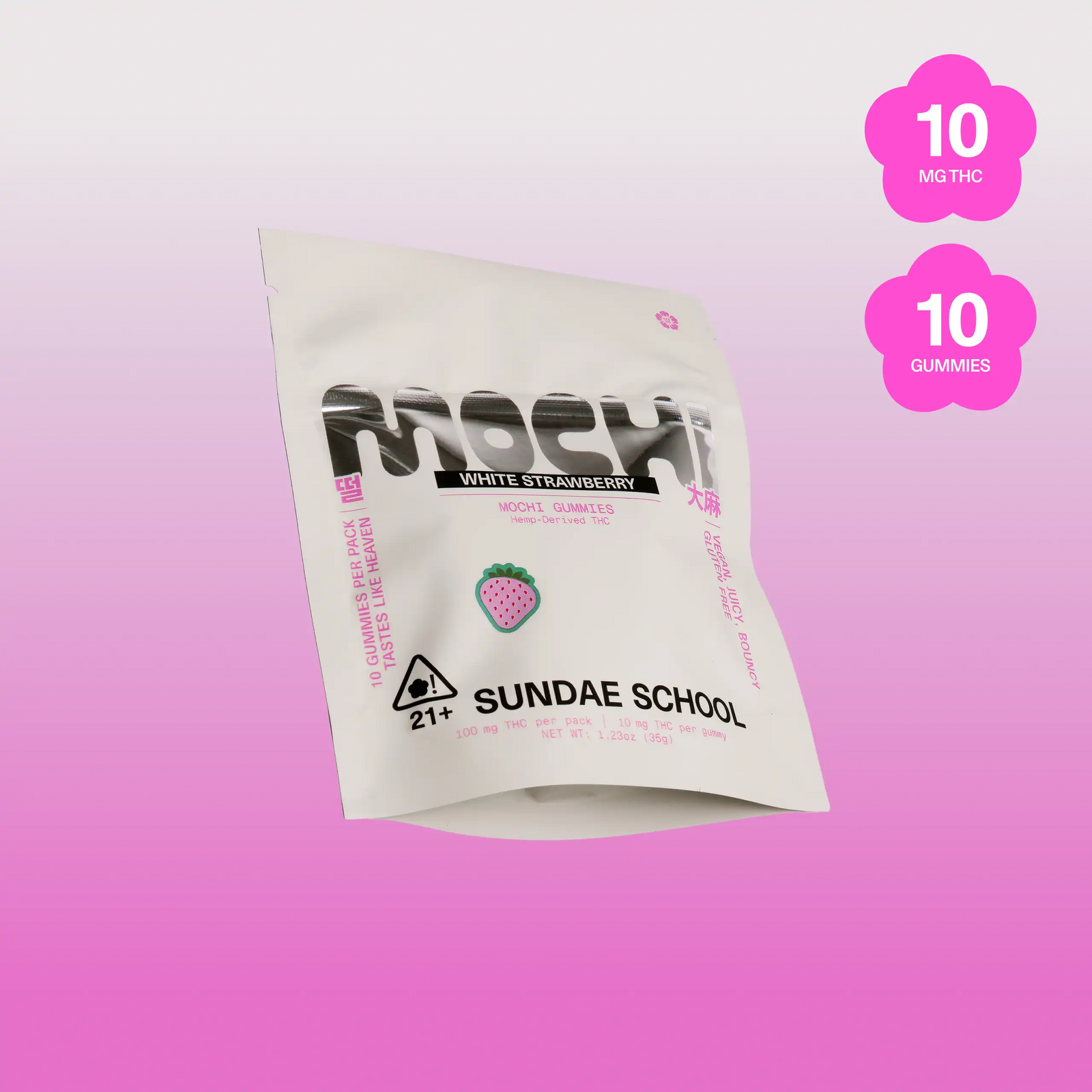 Sundae School Mochi White Strawberry hemp-derived THC gummies in a stand-up pouch, 10 mg THC per gummy, 10-count pack