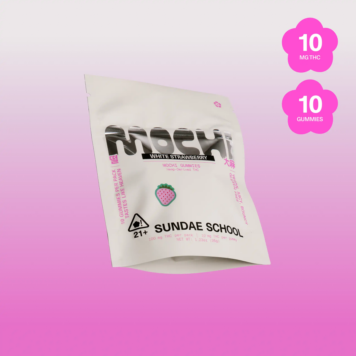 Sundae School Mochi White Strawberry hemp-derived THC gummies in a stand-up pouch, 10 mg THC per gummy, 10-count pack