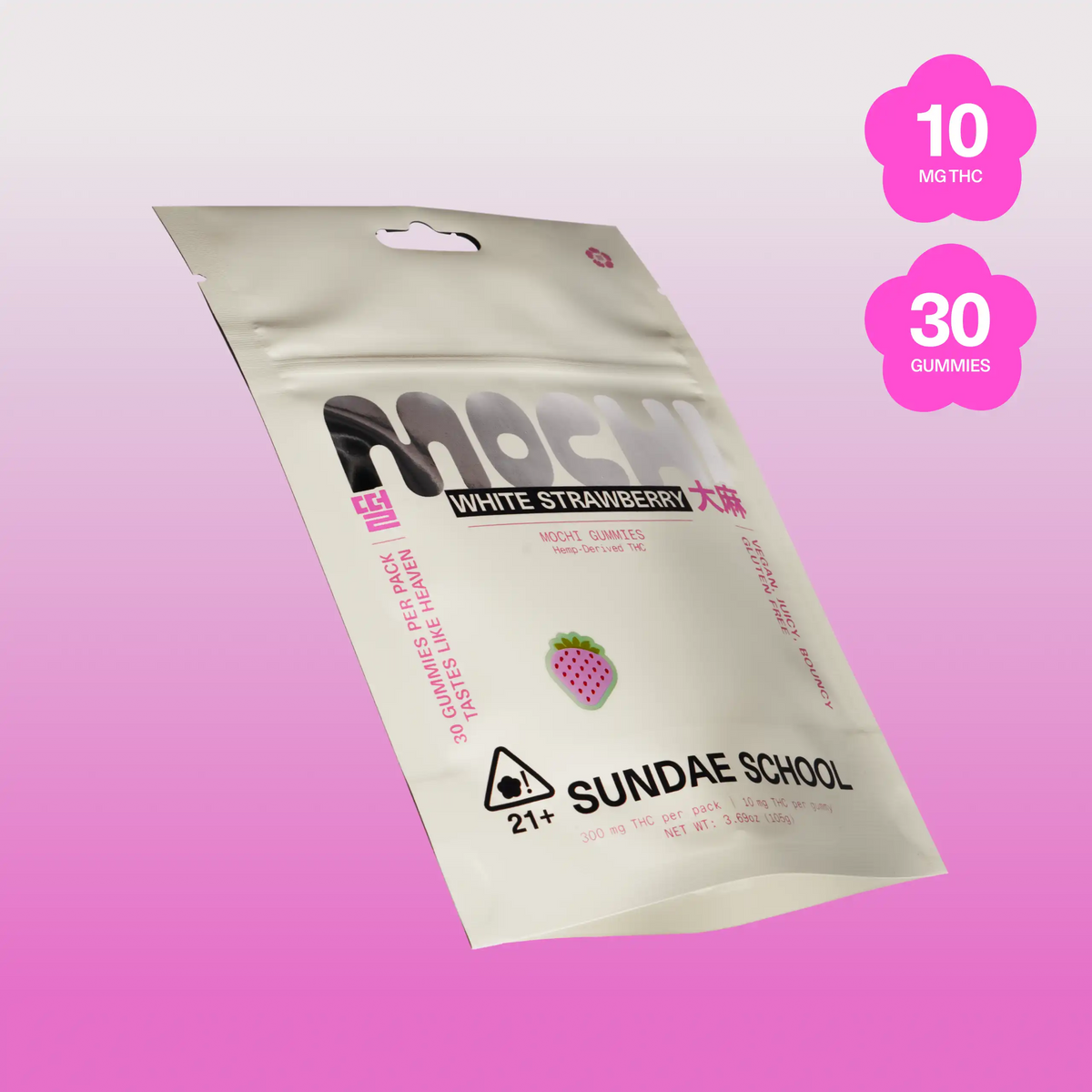 Sundae School Mochi White Strawberry hemp-derived THC gummies in a stand-up pouch, 10 mg THC per gummy, 30-count pack