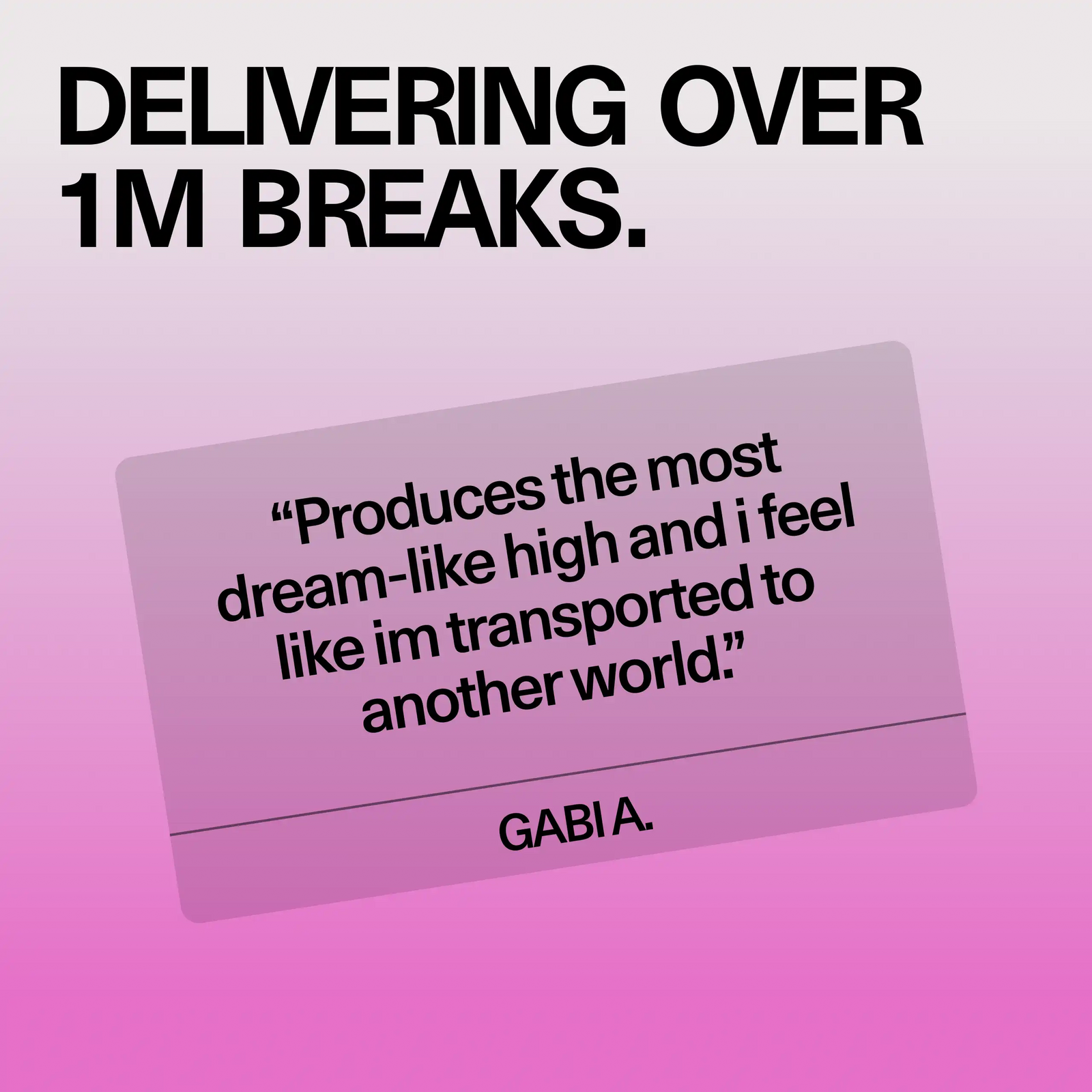 Customer review card for Sundae School Mochi White Strawberry hemp-derived THC gummies, headline 'Delivering over 1M breaks,' featuring a quoted customer testimonial