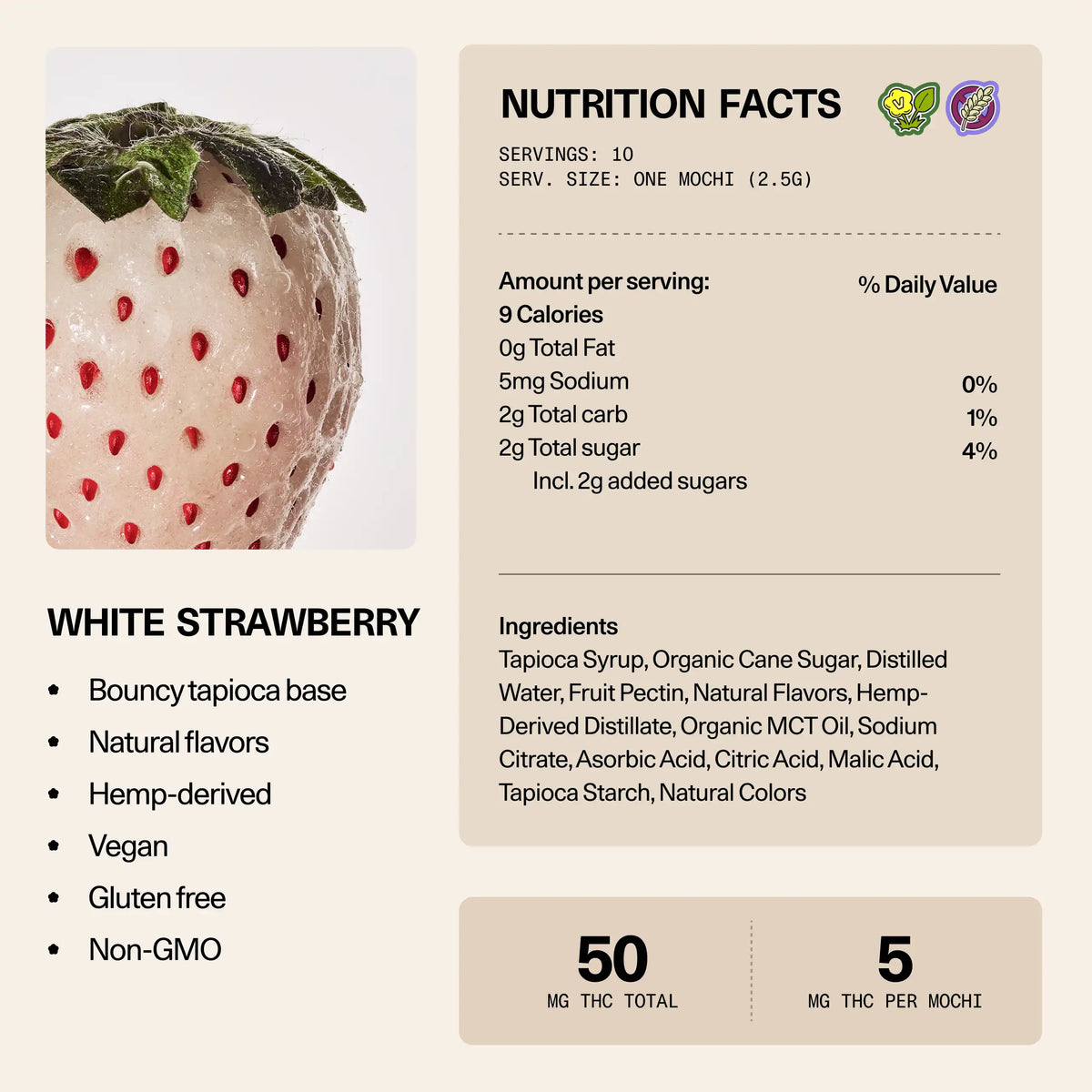 Nutrition facts and ingredients panel for Sundae School Mochi White Strawberry hemp-derived THC gummies — 10 servings, 5 mg THC per mochi, 50 mg THC total; vegan, gluten-free, non-GMO
