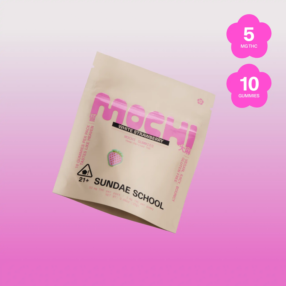 Sundae School Mochi White Strawberry hemp-derived THC gummies in a stand-up pouch, 5 mg THC per gummy, 10-count pack