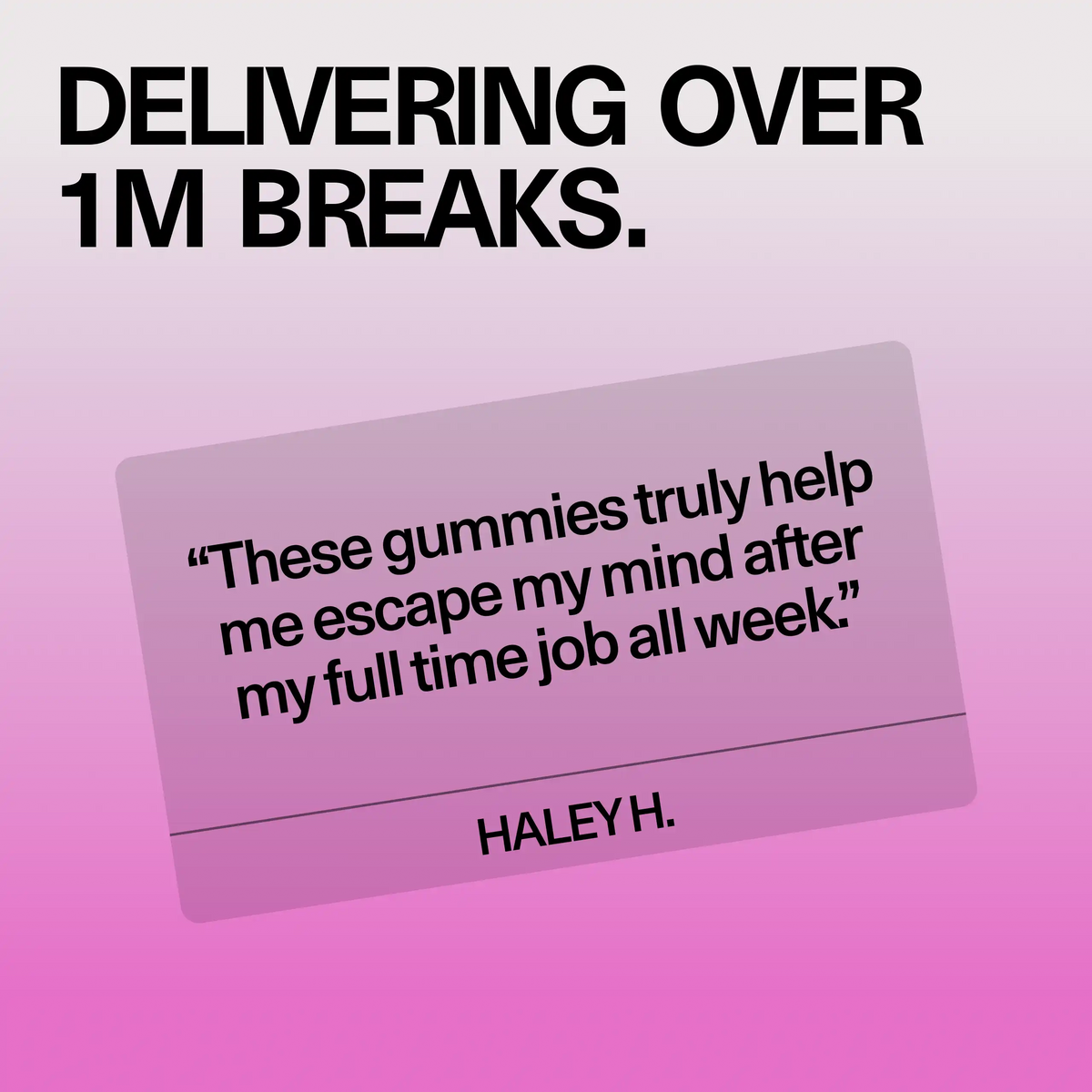 Customer review card for Sundae School Mochi White Strawberry hemp-derived THC gummies, headline 'Delivering over 1M breaks,' featuring a quoted customer testimonial