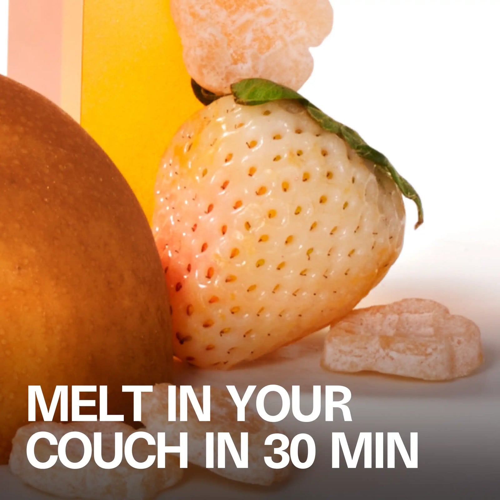 Macro lifestyle shot of a flower-shaped Sundae School Mochi White Strawberry gummy with white strawberry and the headline 'Melt in Your Couch in 30 Min'