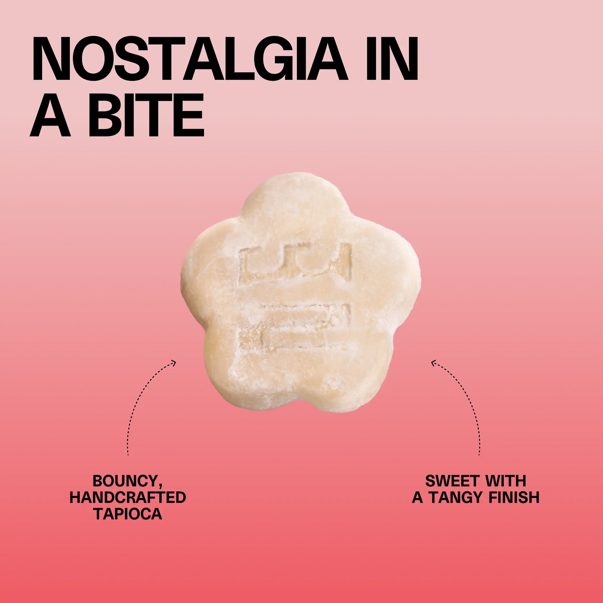 Close-up of a flower-shaped Sundae School Mochi Yogurt gummy with the headline 'Nostalgia in a Bite' and callouts 'sweet with a tangy finish' and 'bouncy handcrafted tapioca'