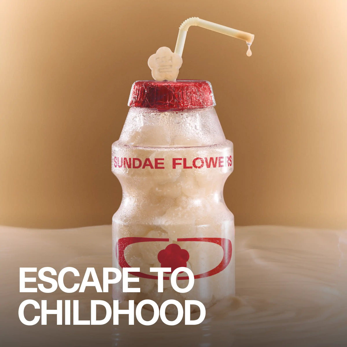 Macro lifestyle shot of a flower-shaped Sundae School Mochi Yogurt gummy with a yogurt drink and the headline 'Escape to Childhood'