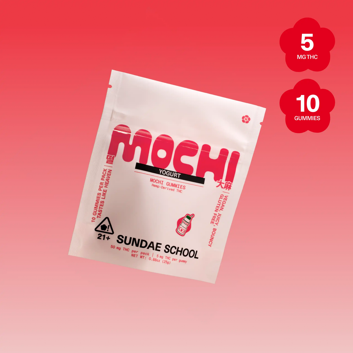 Sundae School Mochi Yogurt hemp-derived THC gummies in a stand-up pouch, 5 mg THC per gummy, 10-count pack