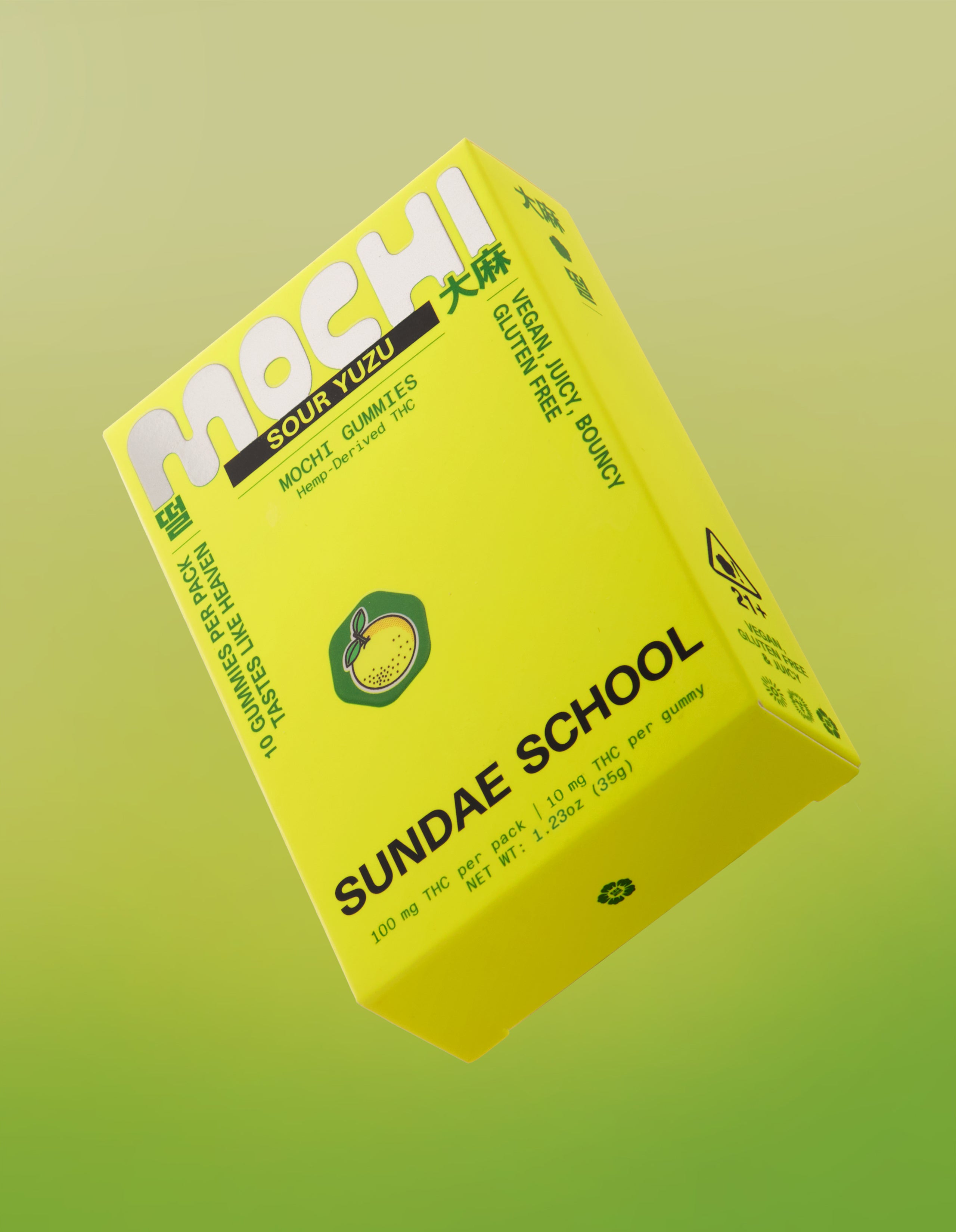 An image of the Sour Yuzu Mochi 10mg gummy packaging in box form on a gradient background going from yellow to lime green. 