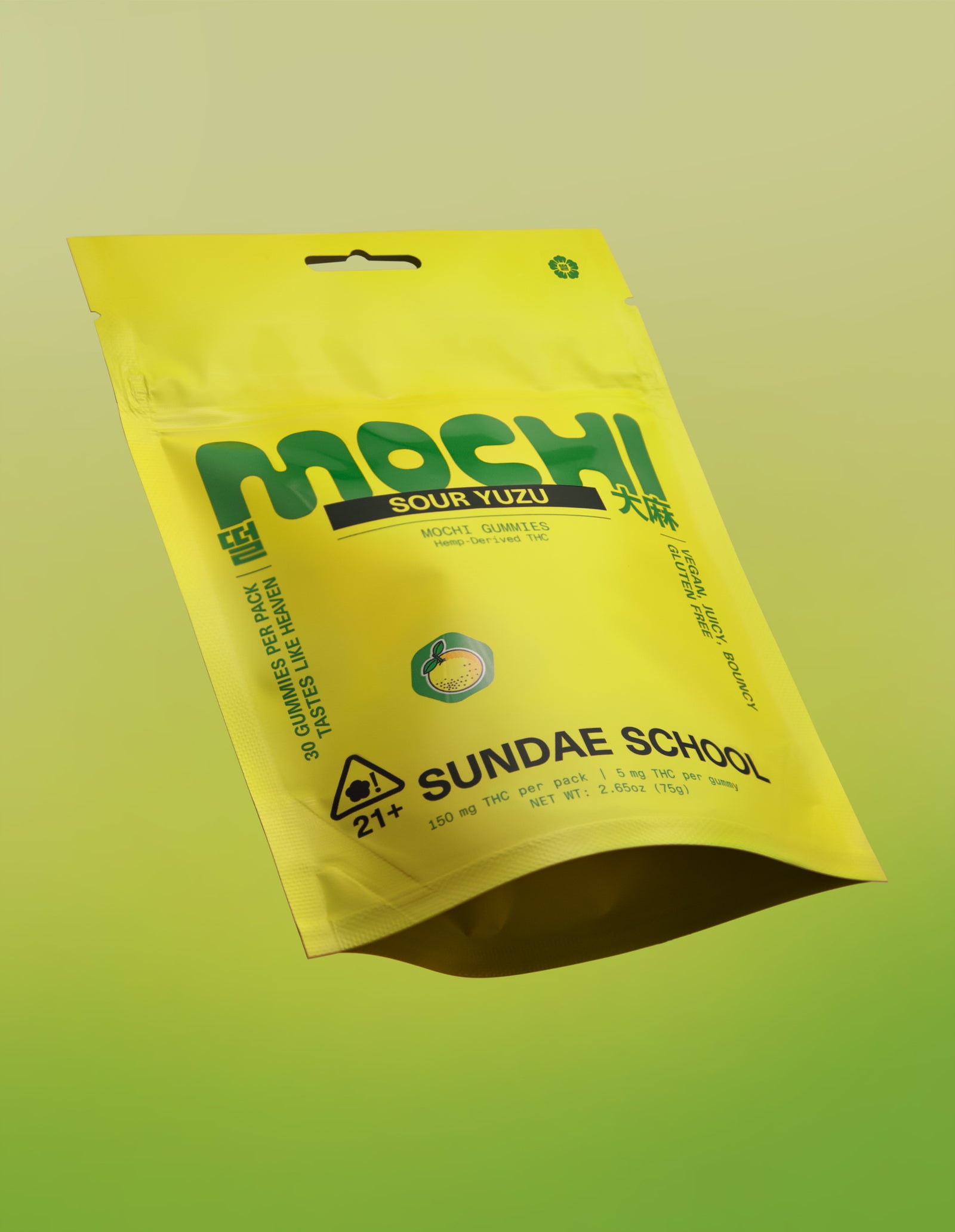 An image of the Sour Yuzu Mochi gummy packaging in a resealable bag form. 