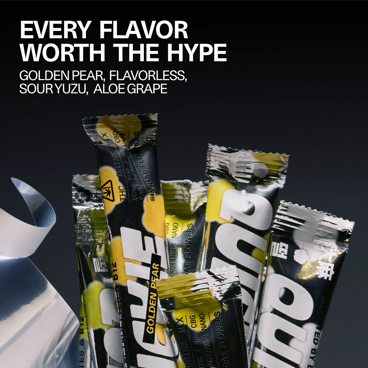 Sundae School Quickie flavor lineup with the headline 'Every flavor worth the hype,' featuring a pile of drink-mix sticks: Golden Pear, Flavorless, Sour Yuzu and Aloe Grape