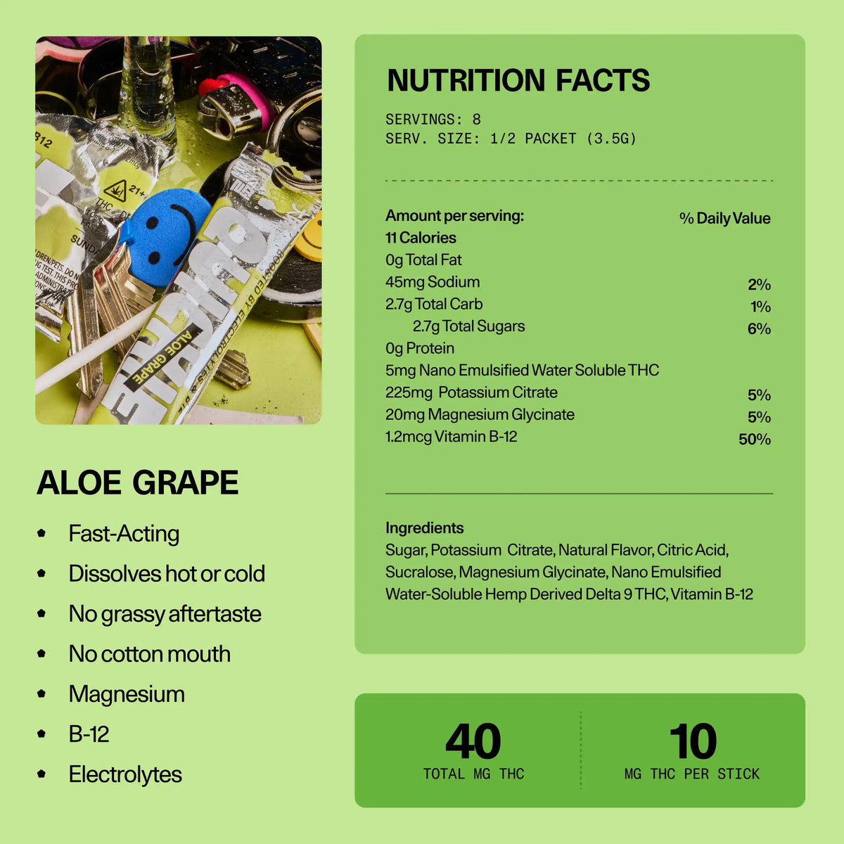 Nutrition facts and ingredients panel for Sundae School Quickie Aloe Grape fast-acting THC drink mix — 10 mg THC per stick, 4 sticks (40 mg THC total), with CBG, magnesium, vitamin B-12 and electrolytes, dissolves hot or cold