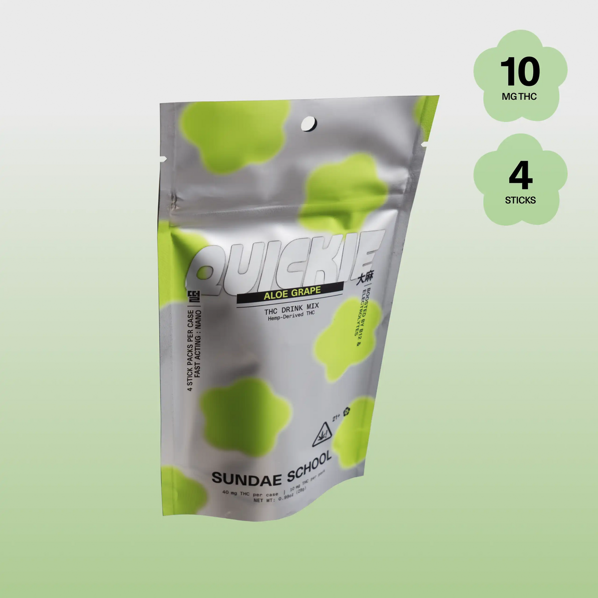 Sundae School Quickie Aloe Grape fast-acting hemp-derived THC drink mix in a stand-up pouch, 10 mg THC and 4 mg CBG per stick, 4-stick pack