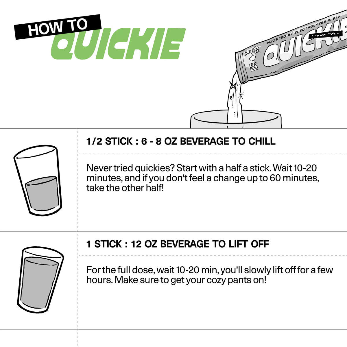 'How to Quickie' guide for Sundae School fast-acting hemp-derived THC drink mix, showing mixing ratios — half a stick in 6–8 oz to chill, one stick in 12 oz to lift off — and dosing guidance