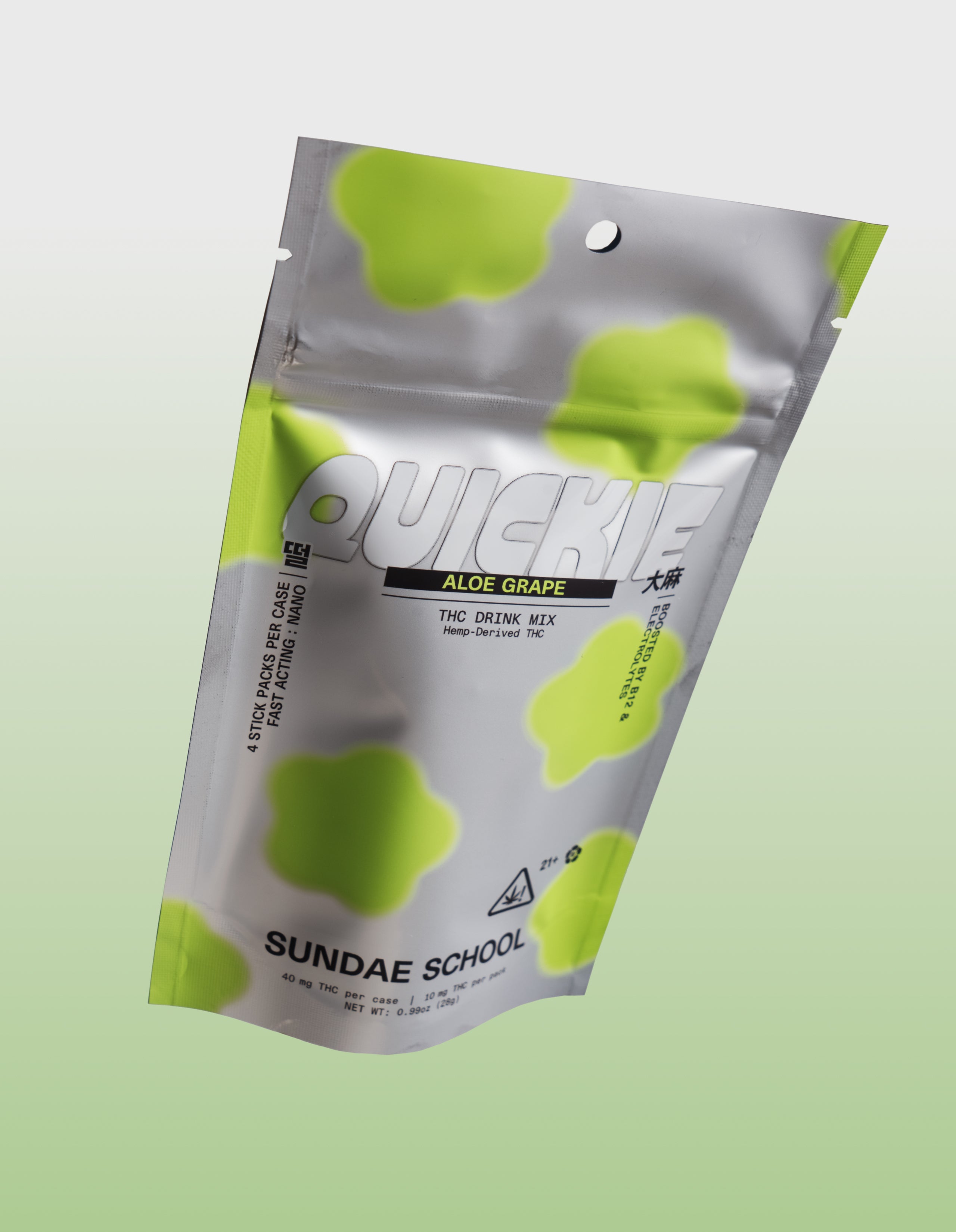 ALOE GRAPE Quickie 4-Pack packaging on a gradient green background.