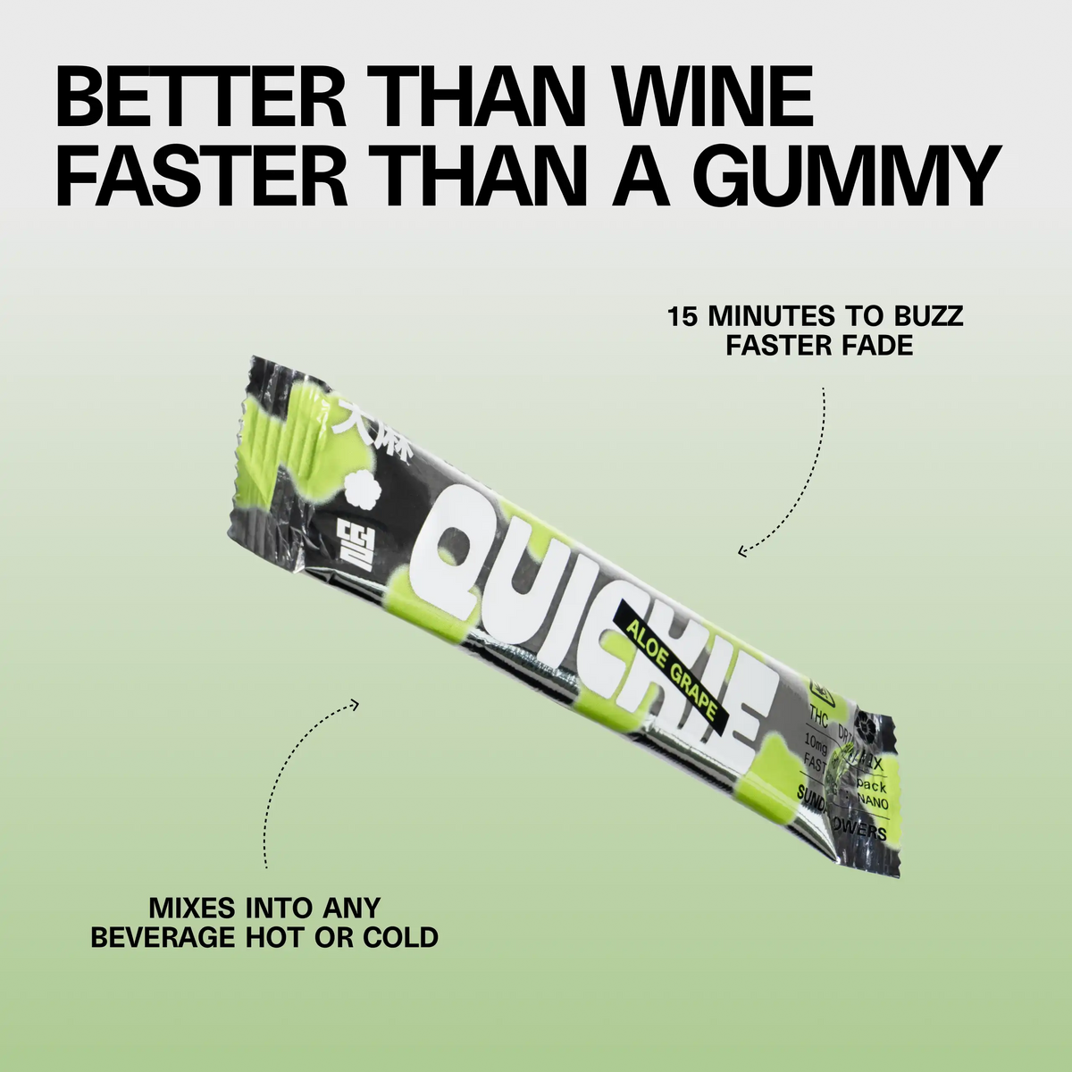 Close-up of a Sundae School Quickie Aloe Grape THC drink-mix stick with the headline 'Better Than Wine, Faster Than a Gummy' and callouts '15 minutes to buzz, faster fade' and 'mixes into any beverage hot or cold'
