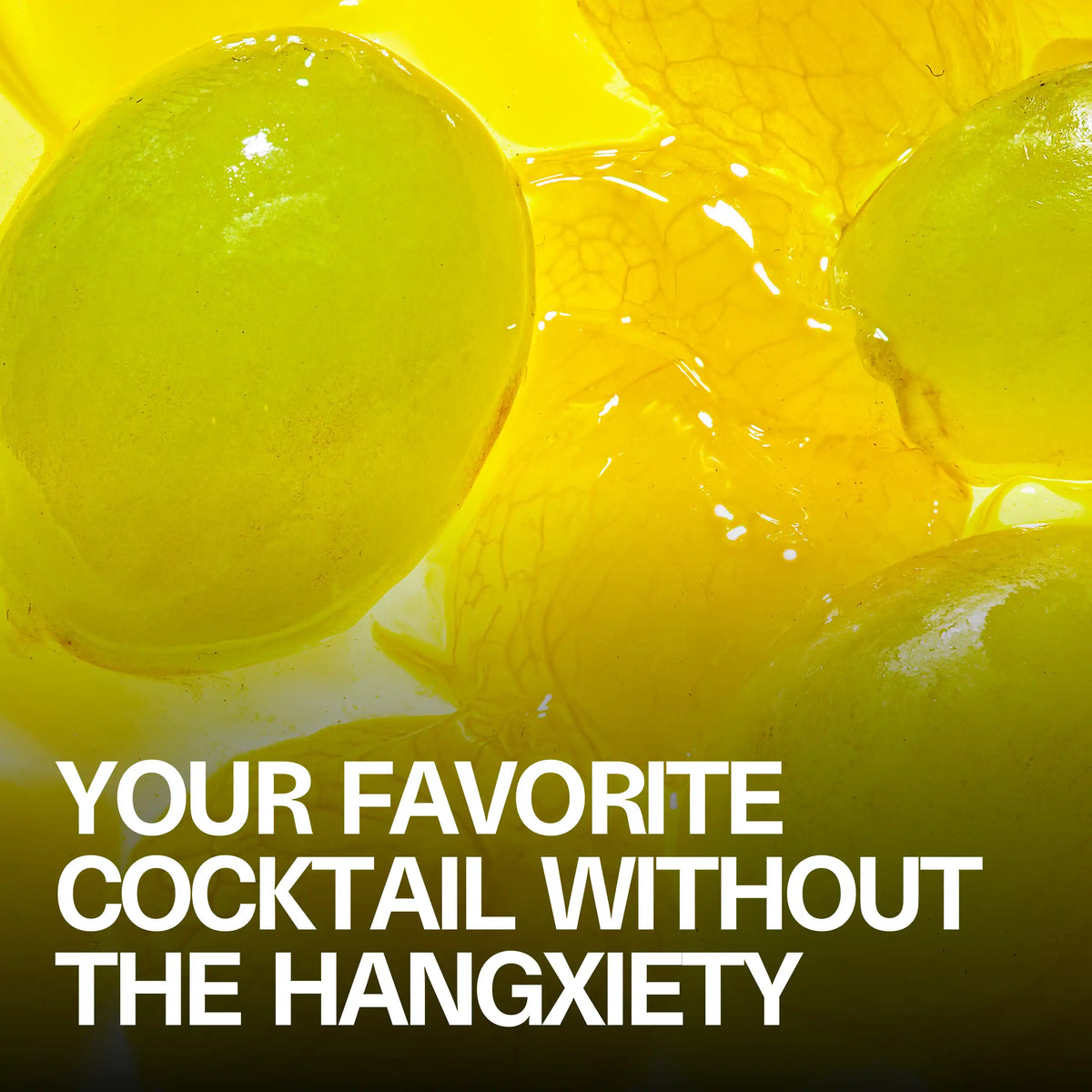 Macro lifestyle shot of peeled green grapes with the headline 'Your Favorite Cocktail Without the Hangxiety' for Sundae School Quickie Aloe Grape THC drink mix