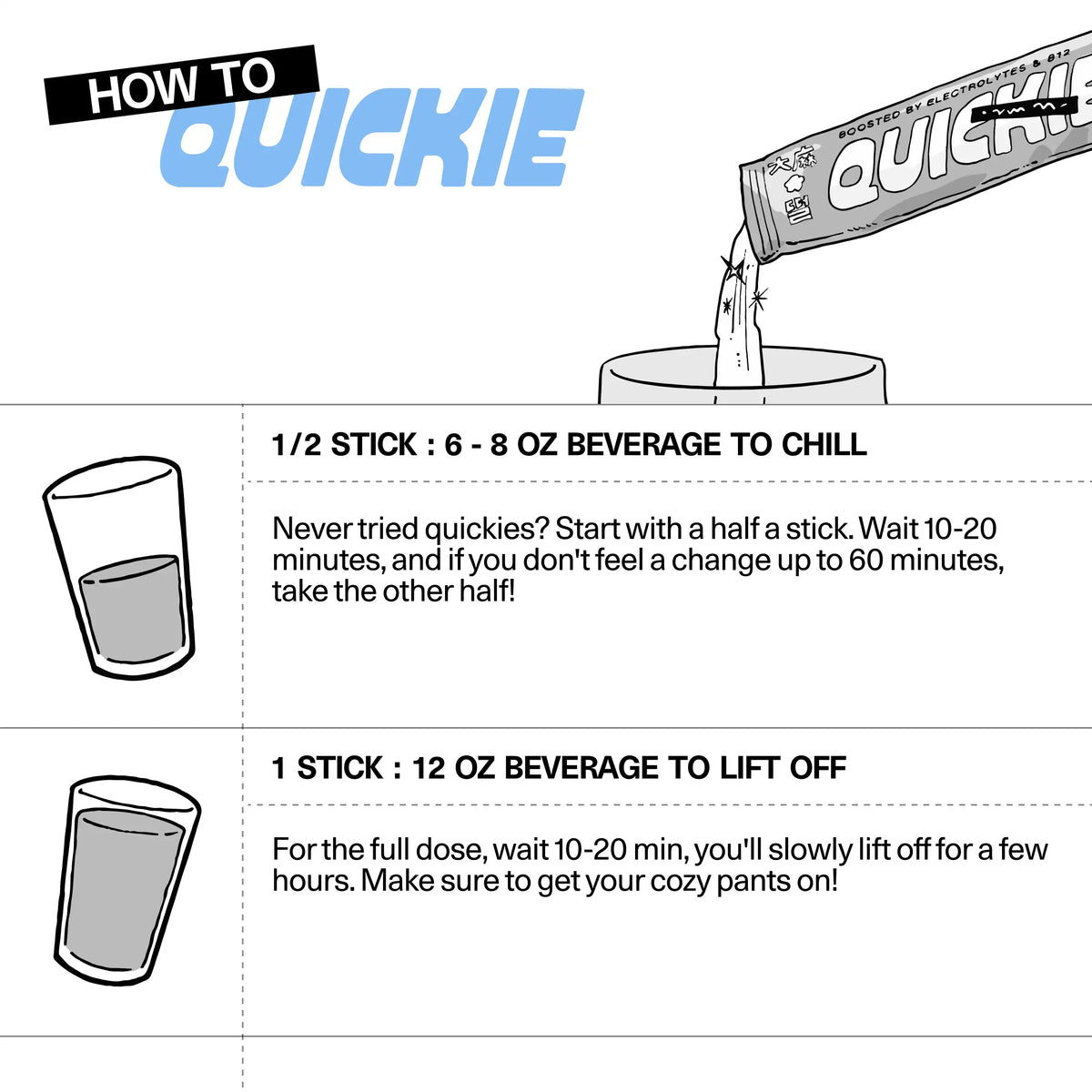 'How to Quickie' guide for Sundae School fast-acting hemp-derived THC drink mix, showing mixing ratios — half a stick in 6–8 oz to chill, one stick in 12 oz to lift off — and dosing guidance