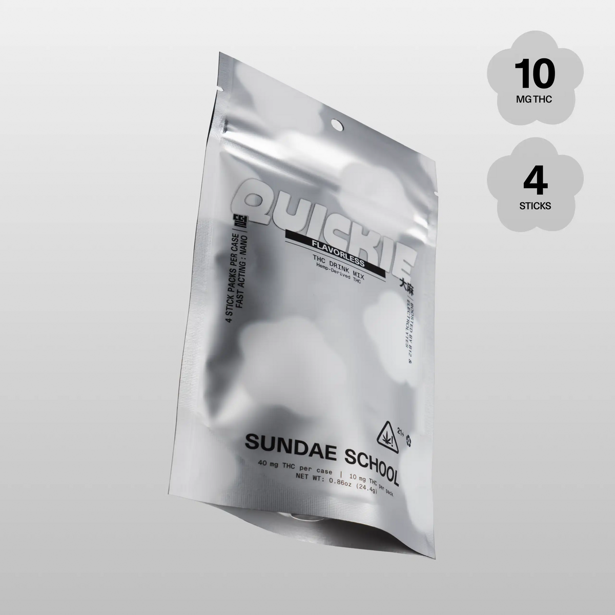 Sundae School Quickie Flavorless fast-acting hemp-derived THC drink mix in a stand-up pouch, 10 mg THC and 4 mg CBG per stick, 4-stick pack
