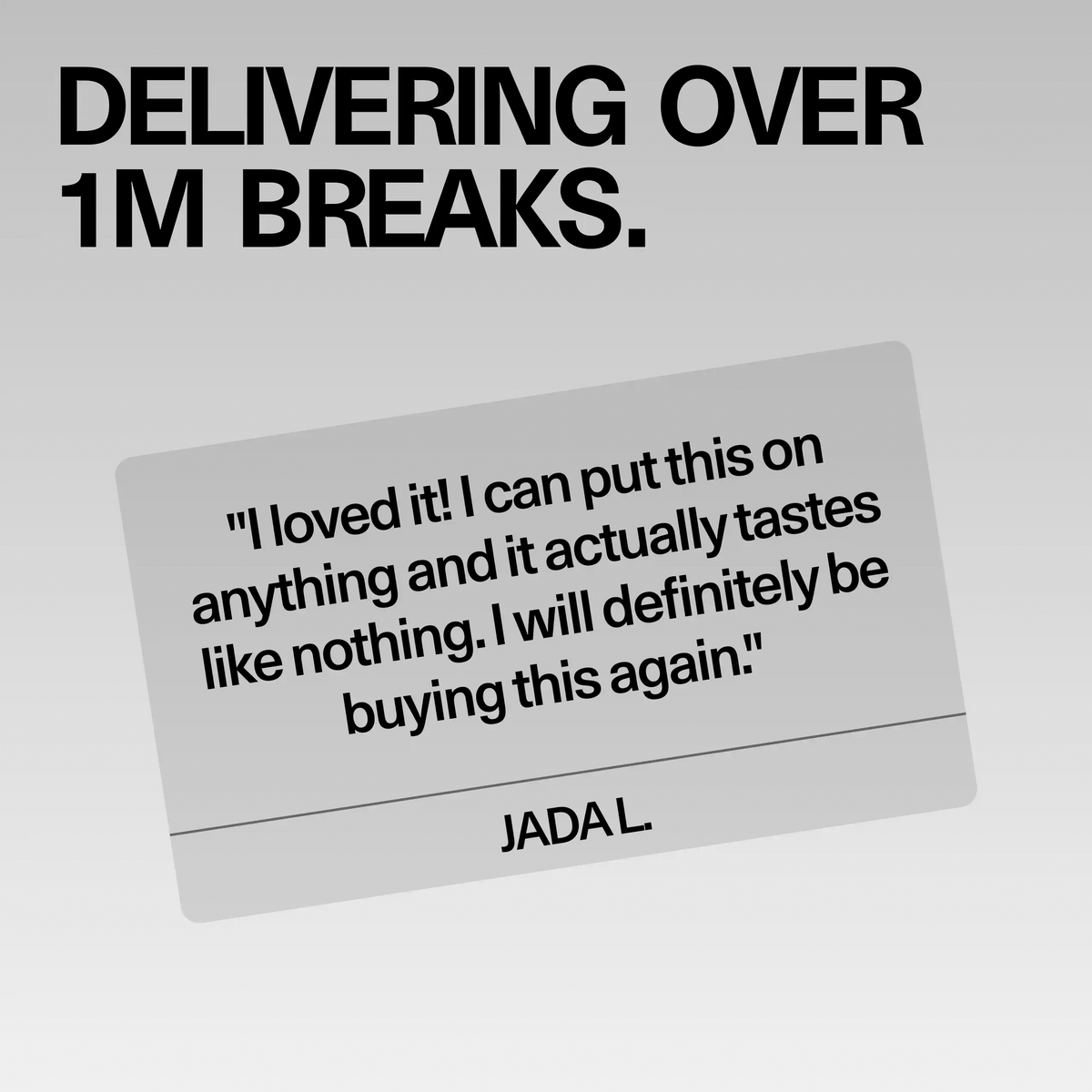 Customer review card for Sundae School Quickie Flavorless fast-acting THC drink mix, headline 'Delivering over 1M breaks,' featuring a quoted customer testimonial