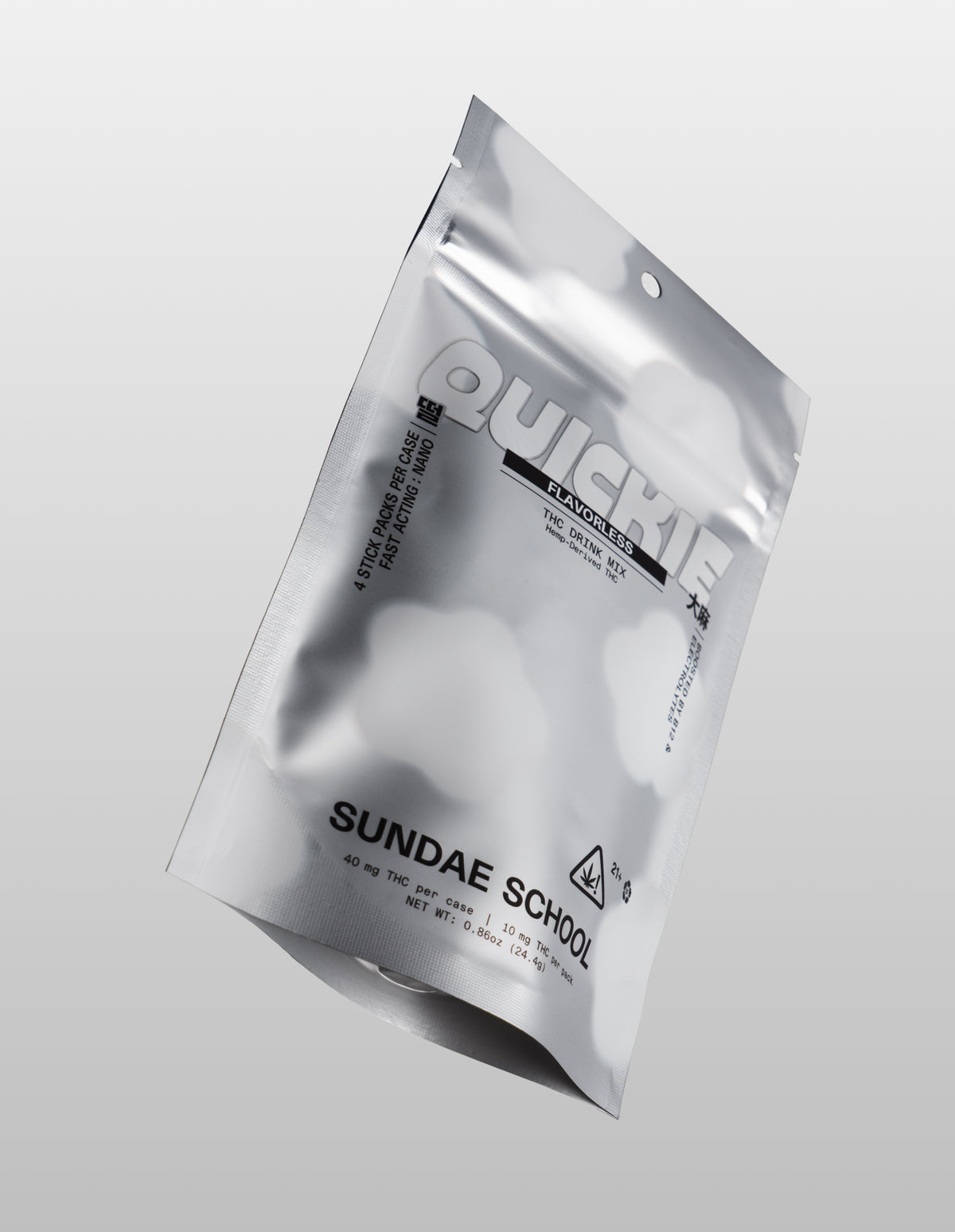 FLAVORLESS Quickie 4-Pack packaging on a gradient grey background.