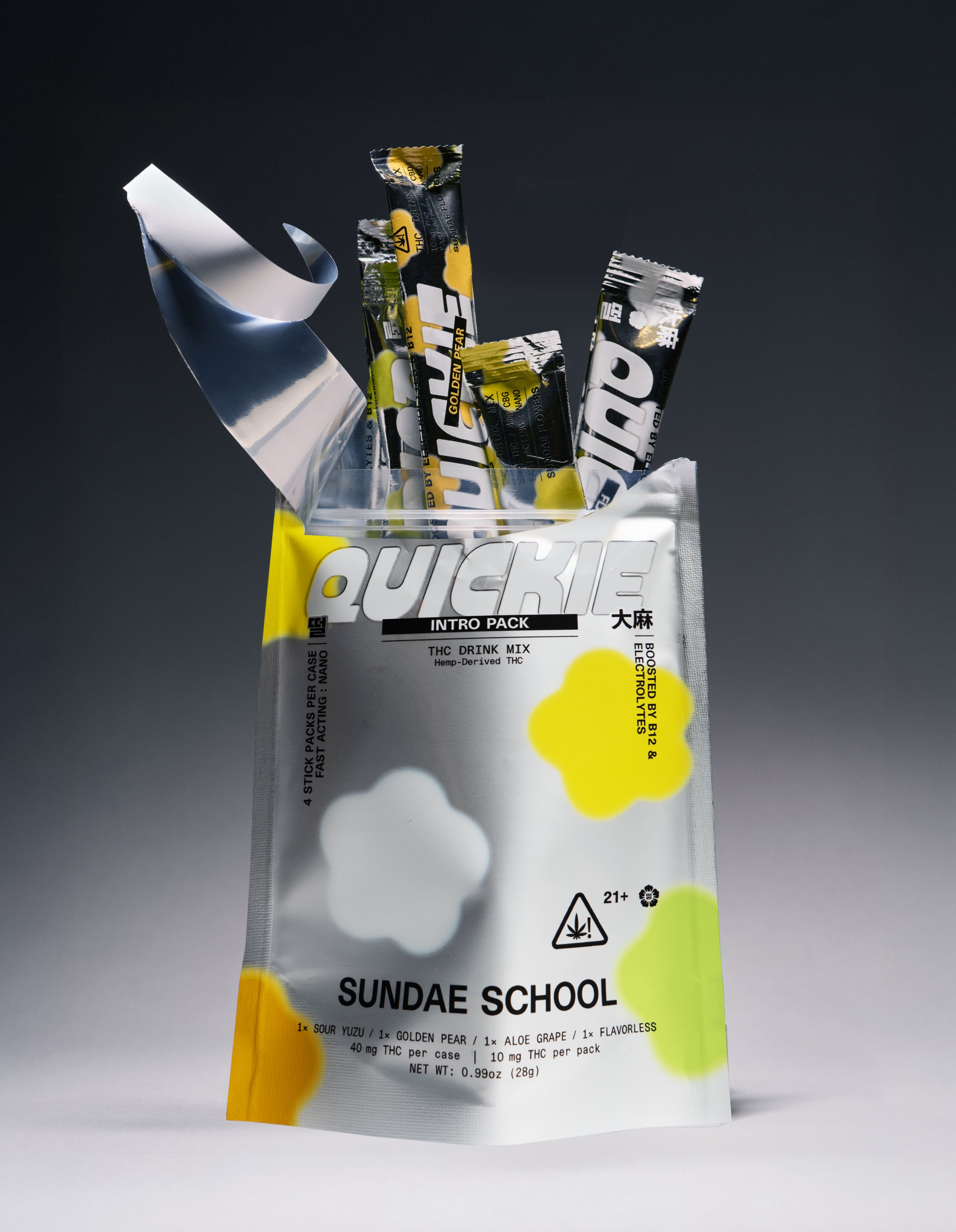 Peeled open quickie discovery mylar showing an assortment of included single quickie packaging.