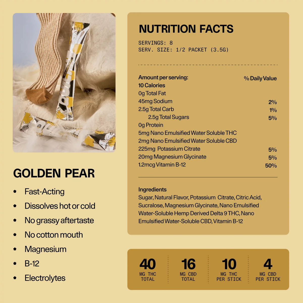 Nutrition facts and ingredients panel for Sundae School Quickie Golden Pear fast-acting THC drink mix — 10 mg THC per stick, 4 sticks (40 mg THC total), with CBG, magnesium, vitamin B-12 and electrolytes, dissolves hot or cold