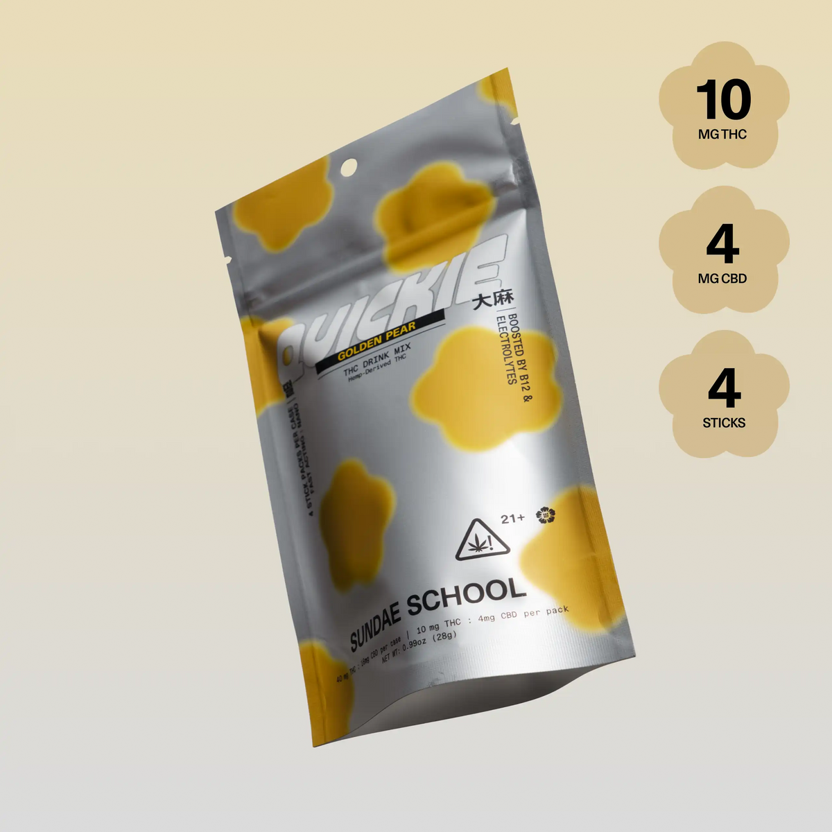 Sundae School Quickie Golden Pear fast-acting hemp-derived THC drink mix in a stand-up pouch, 10 mg THC and 4 mg CBG per stick, 4-stick pack