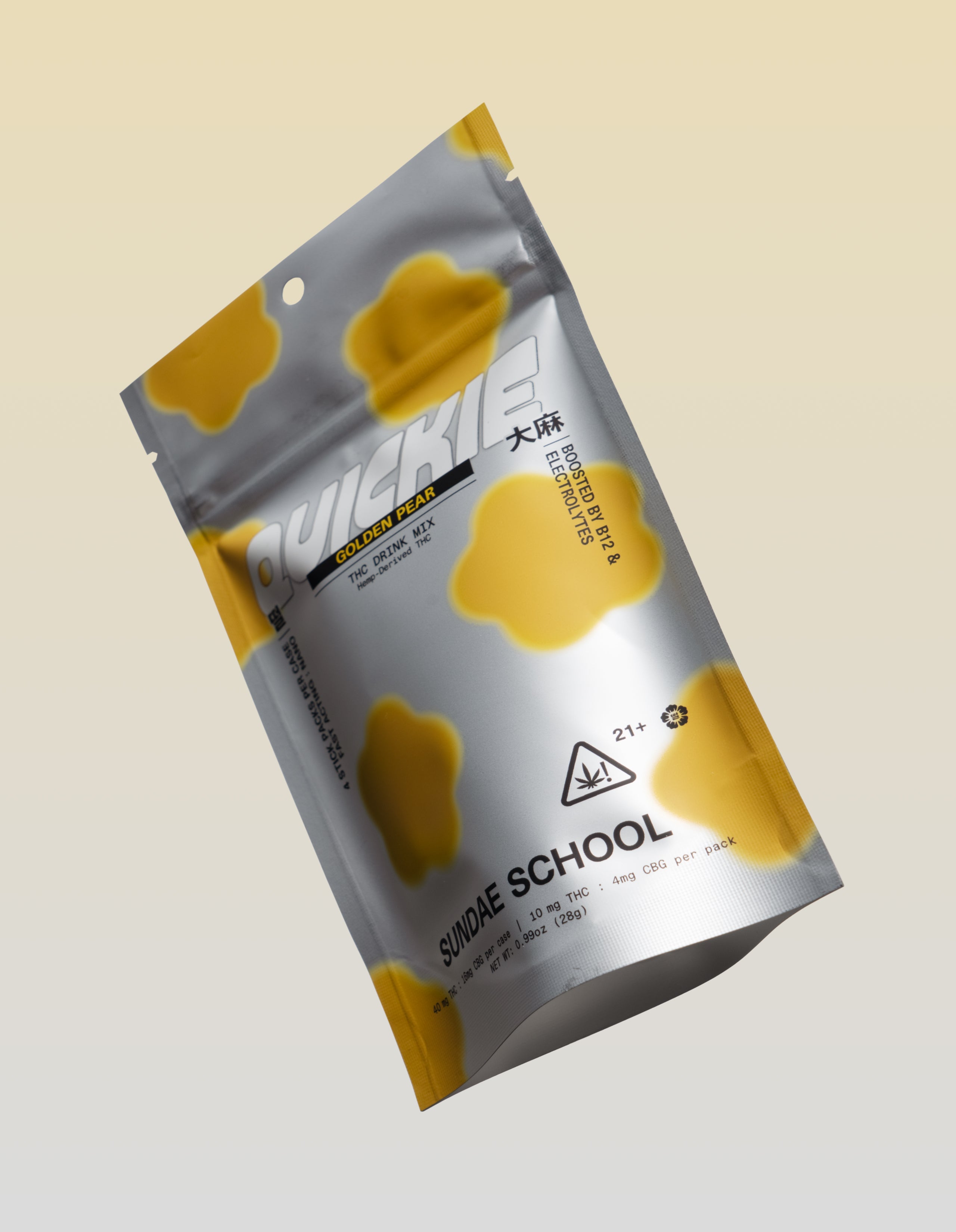 GOLDEN PEAR Quickie 4-Pack packaging on a gradient yellow background.