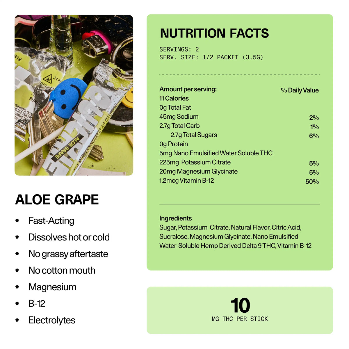 Nutrition facts and ingredients panel for the Aloe Grape sticks in the Sundae School Quickie Intro Pack — fast-acting THC drink mix, 10 mg THC per stick, with CBG, magnesium, vitamin B-12 and electrolytes, dissolves hot or cold