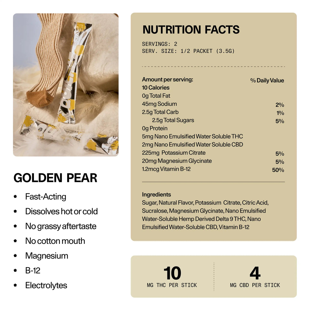 Nutrition facts and ingredients panel for the Golden Pear sticks in the Sundae School Quickie Intro Pack — fast-acting THC drink mix, 10 mg THC per stick, with CBG, magnesium, vitamin B-12 and electrolytes, dissolves hot or cold