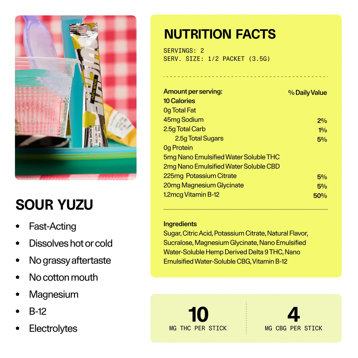 Nutrition facts and ingredients panel for the Sour Yuzu sticks in the Sundae School Quickie Intro Pack — fast-acting THC drink mix, 10 mg THC per stick, with CBG, magnesium, vitamin B-12 and electrolytes, dissolves hot or cold