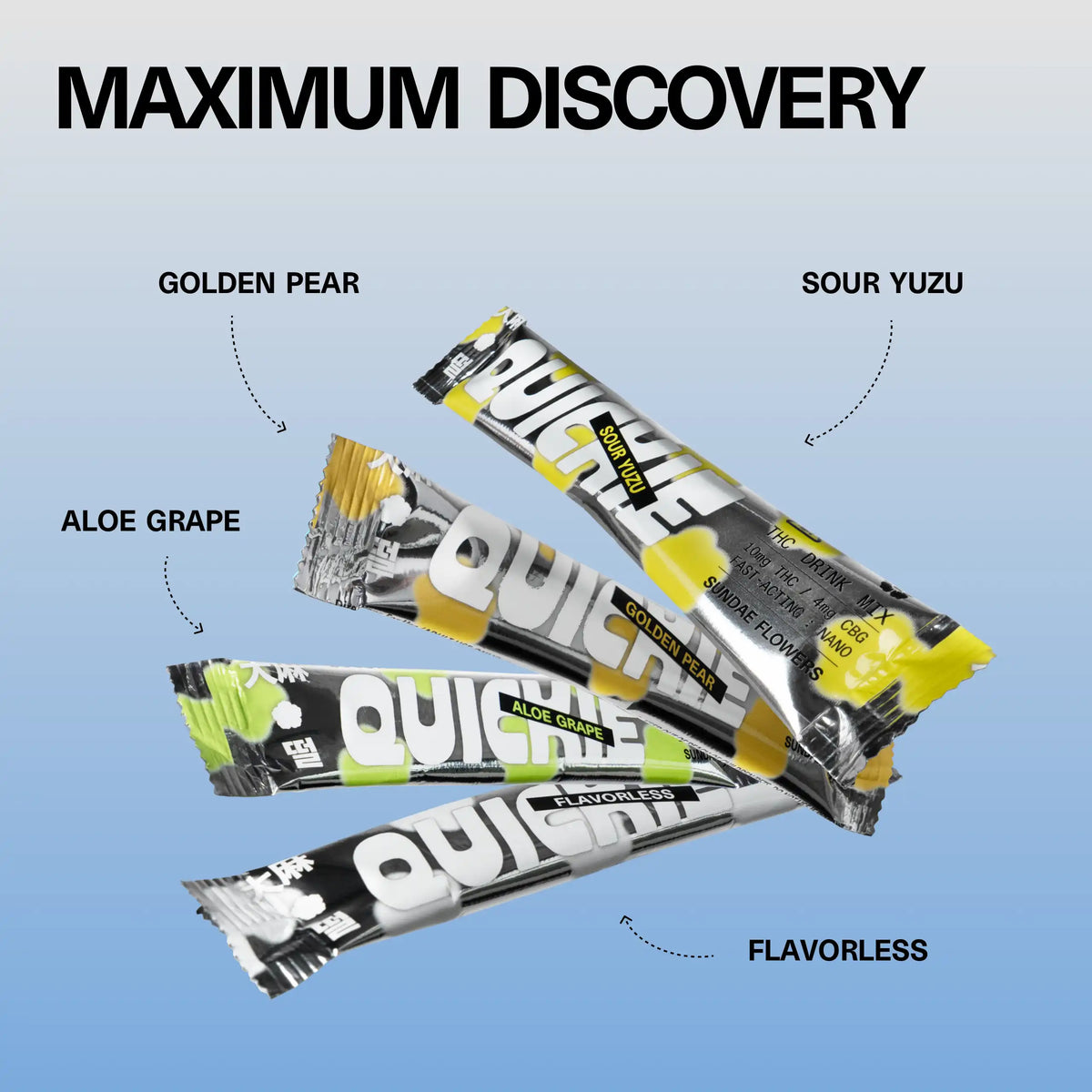 Close-up of four Sundae School Quickie THC drink-mix sticks — Golden Pear, Sour Yuzu, Aloe Grape and Flavorless — with the headline 'Maximum Discovery'
