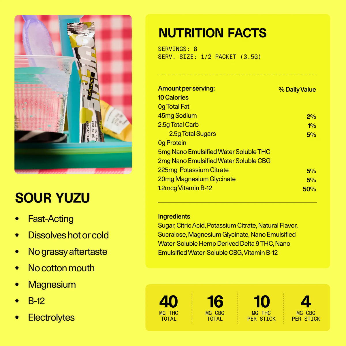 Nutrition facts and ingredients panel for Sundae School Quickie Sour Yuzu fast-acting THC drink mix — 10 mg THC per stick, 4 sticks (40 mg THC total), with CBG, magnesium, vitamin B-12 and electrolytes, dissolves hot or cold