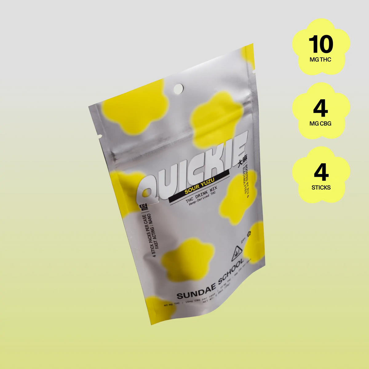 Sundae School Quickie Sour Yuzu fast-acting hemp-derived THC drink mix in a stand-up pouch, 10 mg THC and 4 mg CBG per stick, 4-stick pack