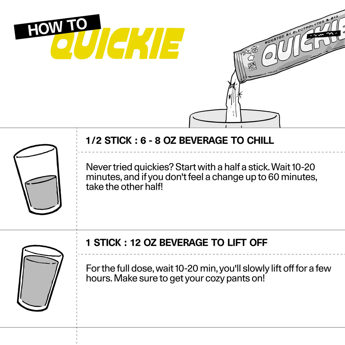'How to Quickie' guide for Sundae School fast-acting hemp-derived THC drink mix, showing mixing ratios — half a stick in 6–8 oz to chill, one stick in 12 oz to lift off — and dosing guidance