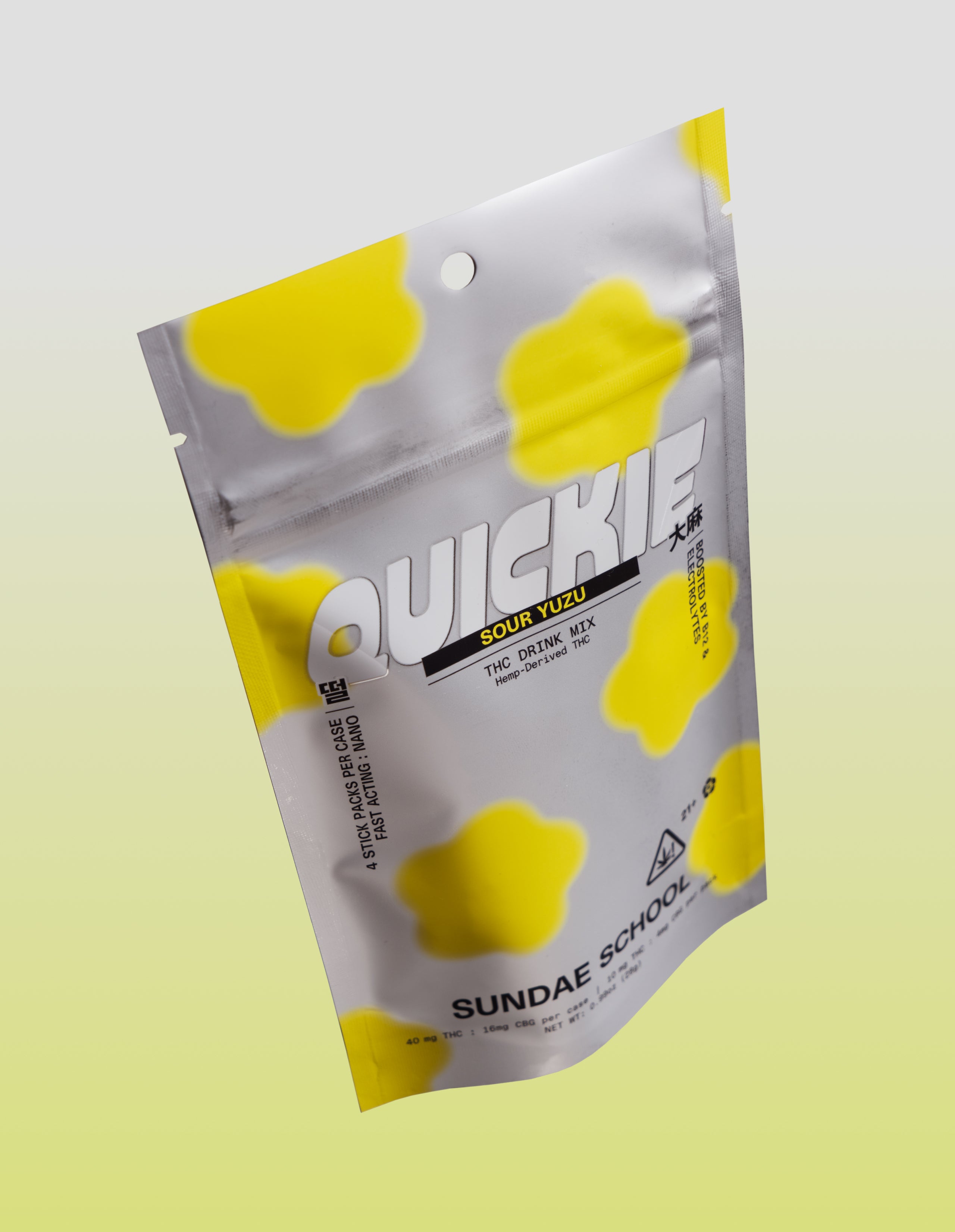 SOUR YUZU Quickie 4-Pack packaging on a gradient yellow background.