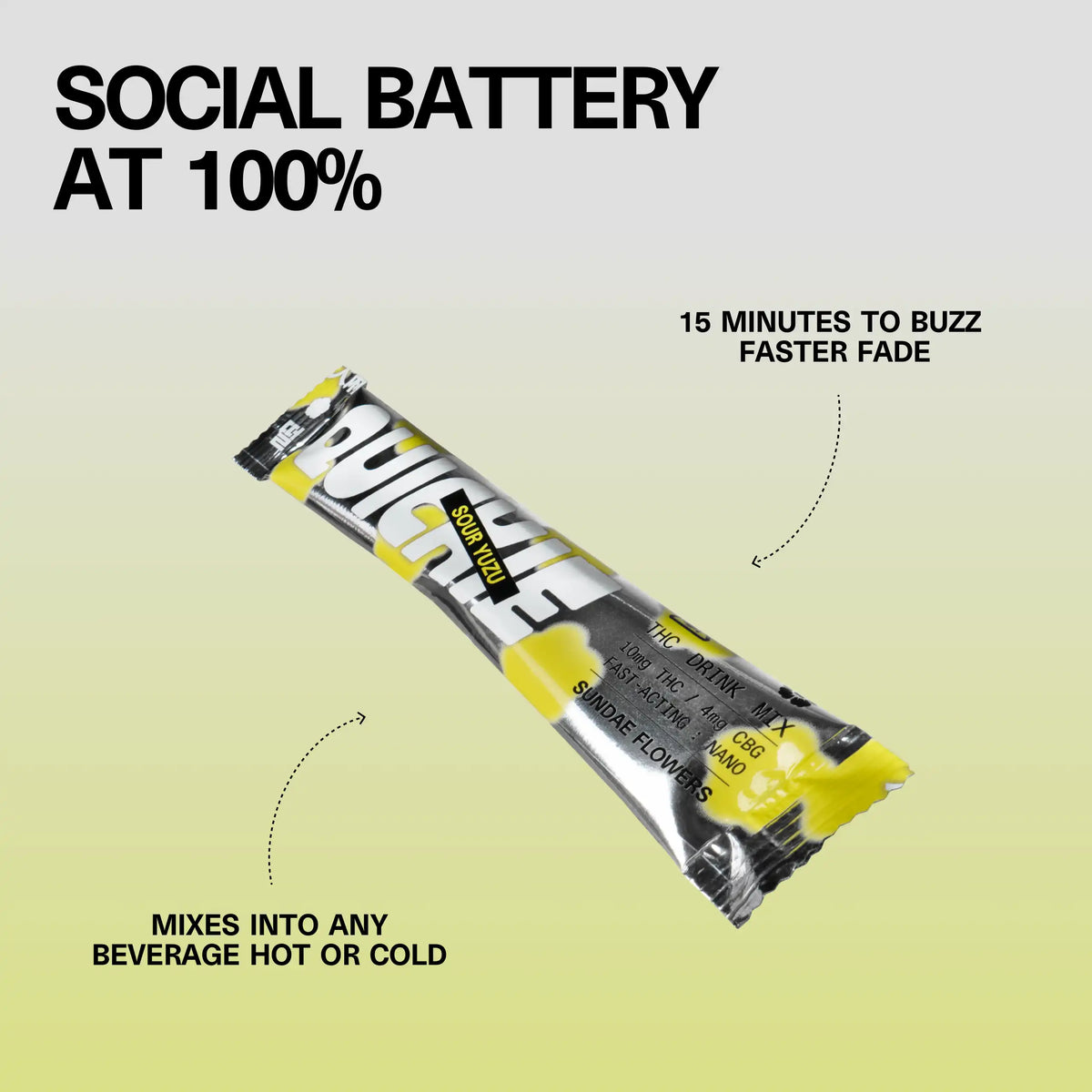 Close-up of a Sundae School Quickie Sour Yuzu THC drink-mix stick with the headline 'Social Battery at 100%' and callouts '15 minutes to buzz, faster fade' and 'mixes into any beverage hot or cold'