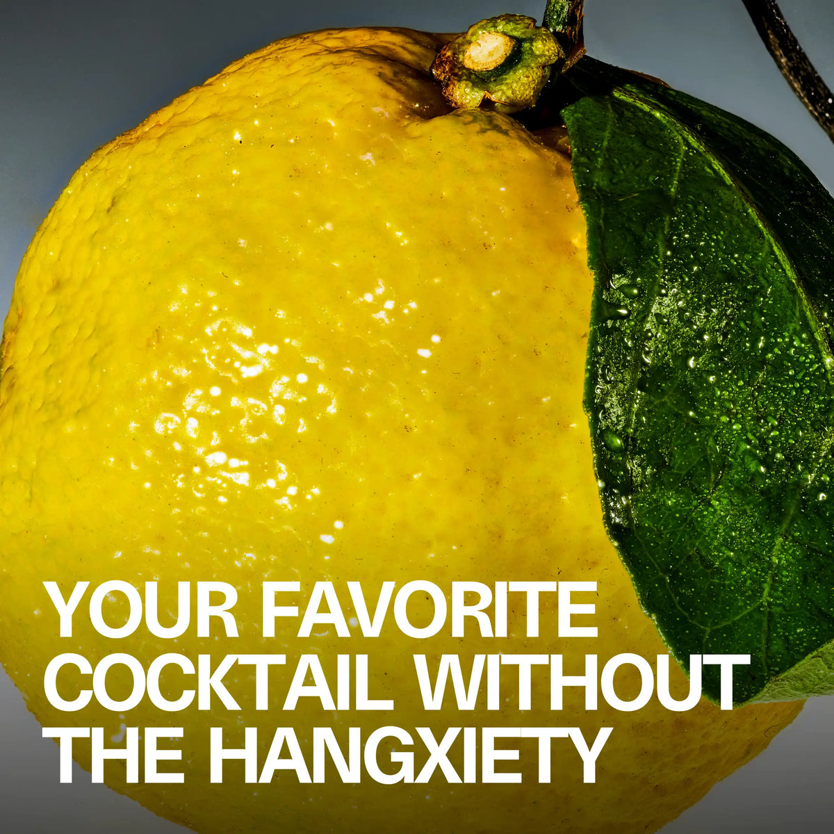 Macro lifestyle shot of a fresh yuzu citrus fruit with the headline 'Your Favorite Cocktail Without the Hangxiety' for Sundae School Quickie Sour Yuzu THC drink mix