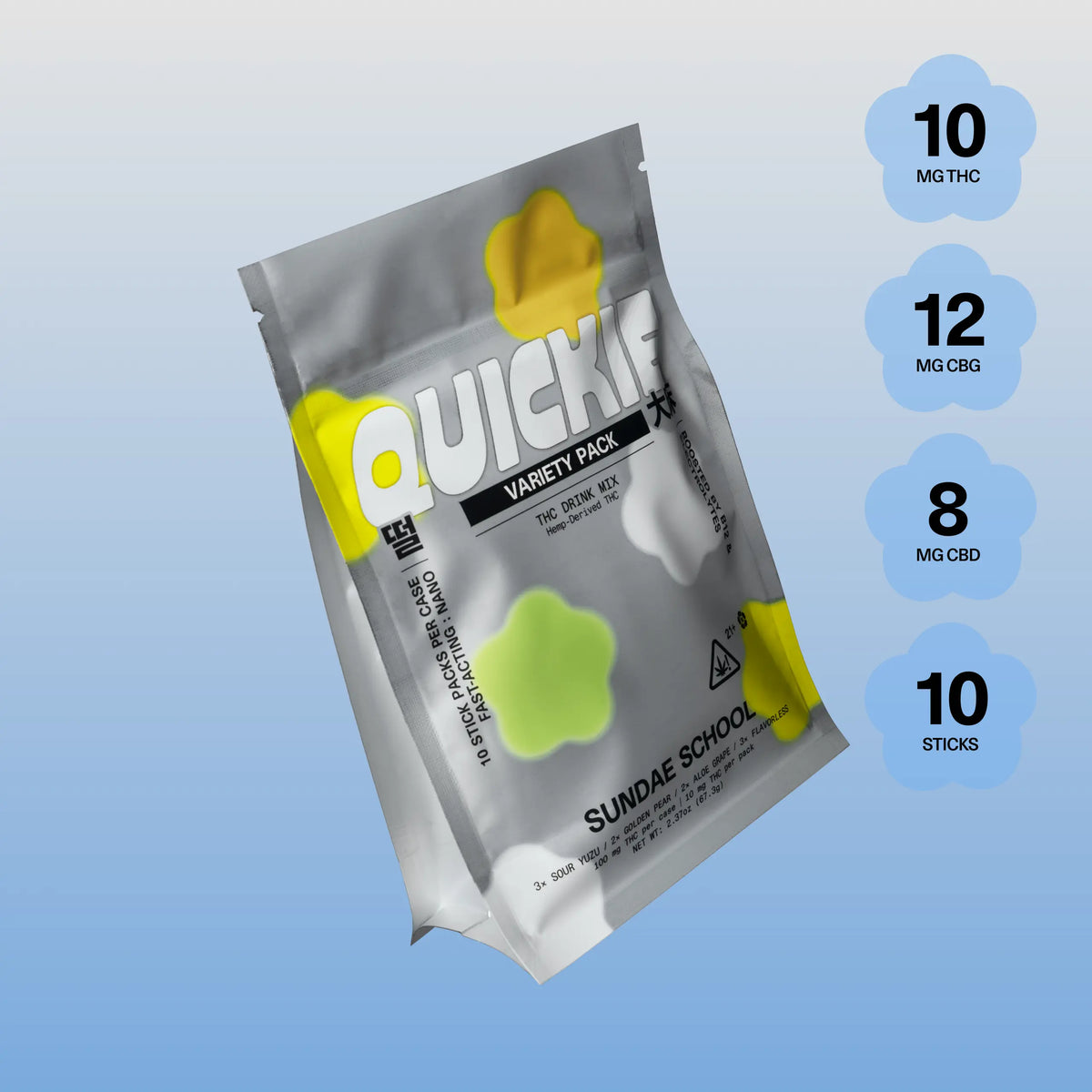 Sundae School Quickie Variety Pack — fast-acting hemp-derived THC drink mix in a stand-up pouch, 10 mg THC per stick, 10-stick pack with Sour Yuzu, Golden Pear, Aloe Grape and Flavorless